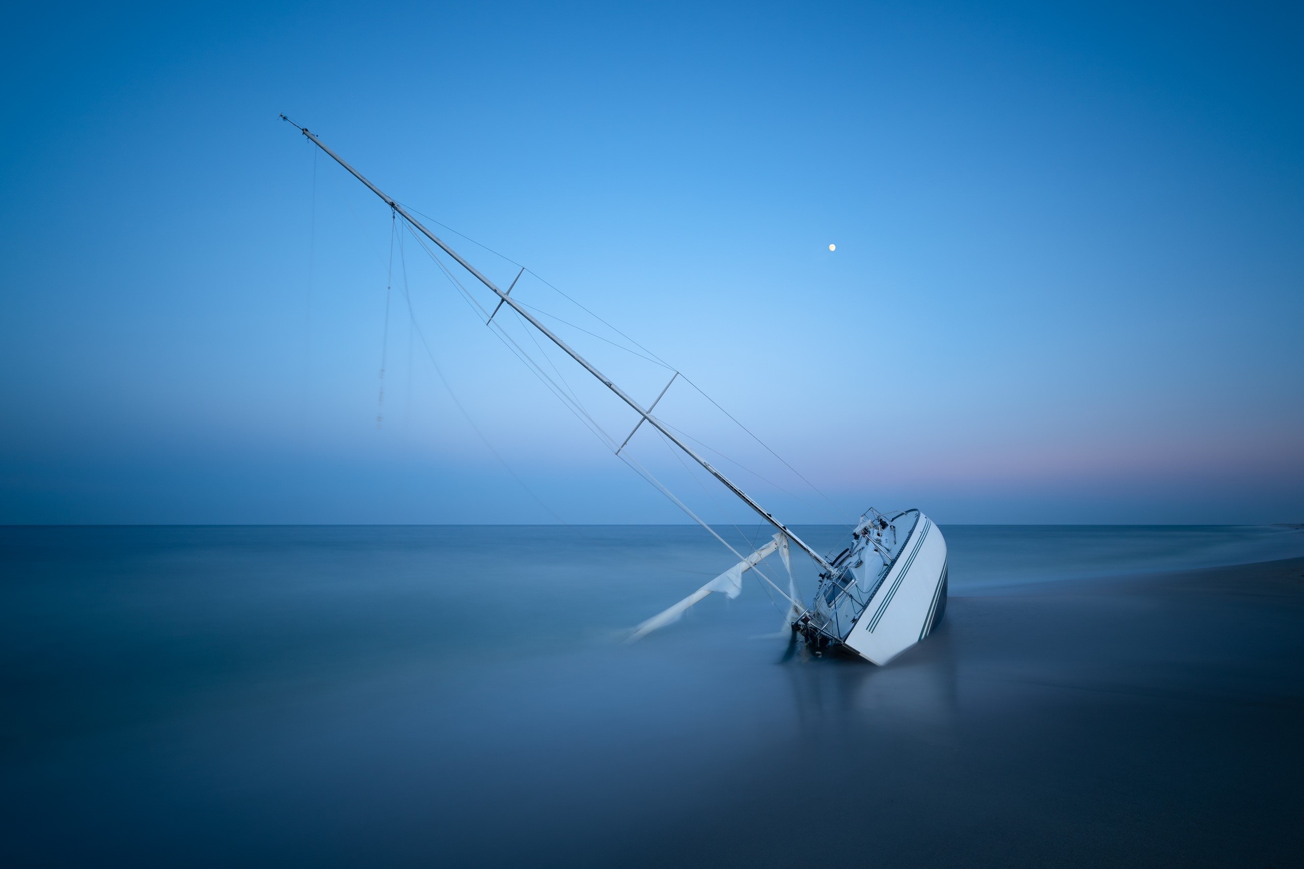 boat, blue, water, vehicle, outdoors, sea, sky, shipwreck, HD Wallpaper