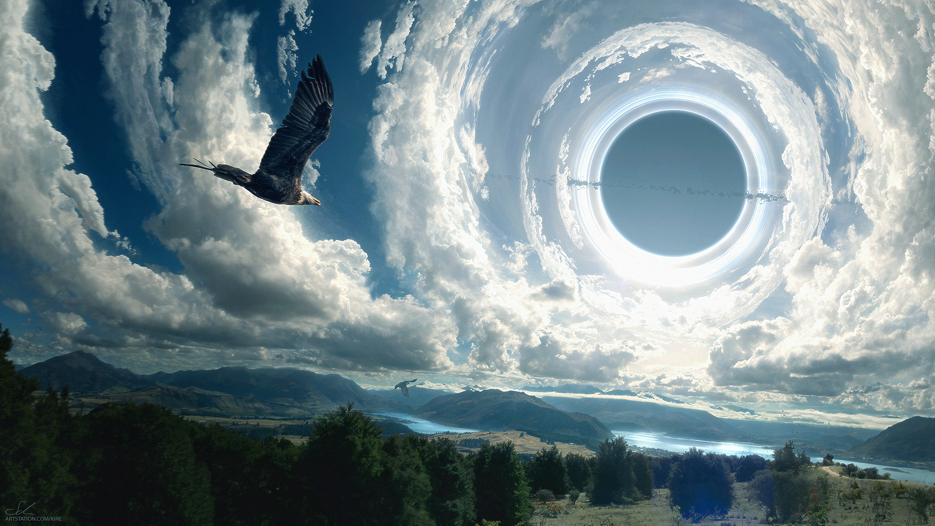 Erik Shoemaker, digital art, artwork, clouds, birds, sky, trees, fantasy art, eagle, black holes, HD Wallpaper