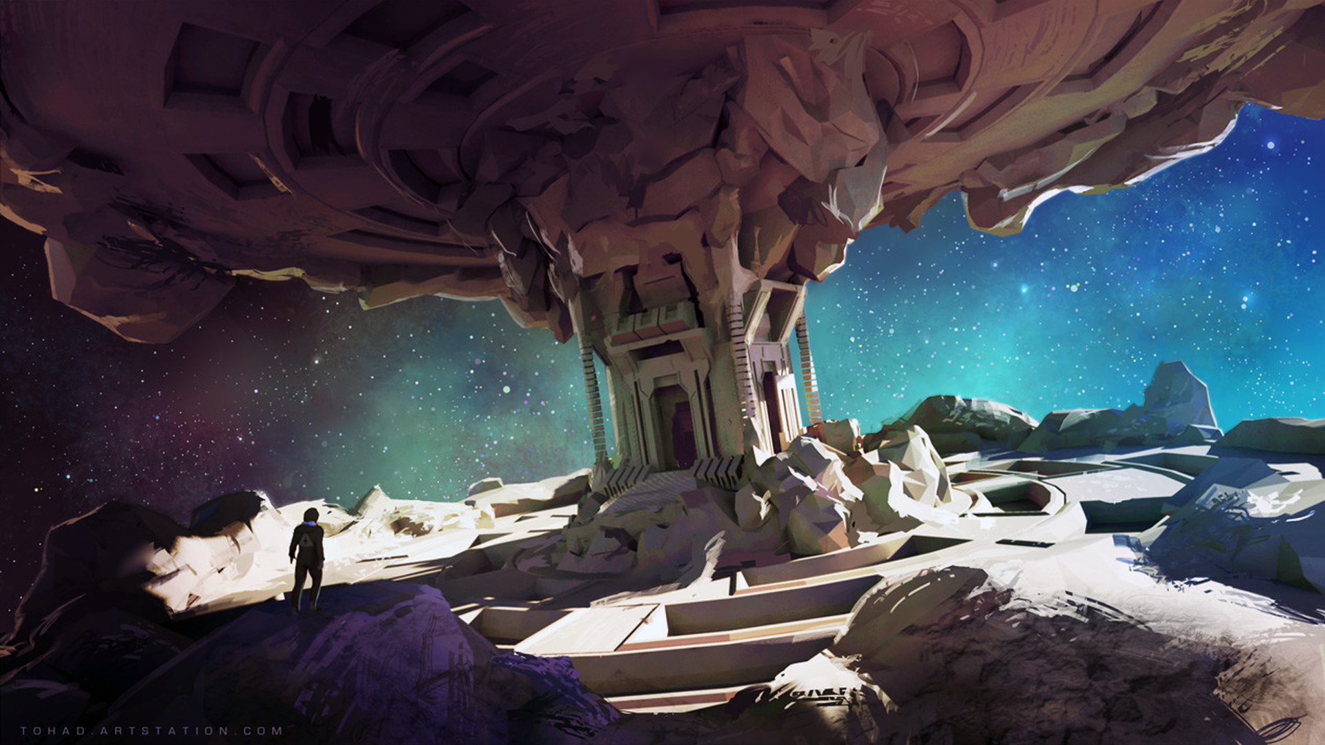 Sylvain Sarrailh, artwork, alone, space, fantasy architecture, stars, digital art, HD Wallpaper