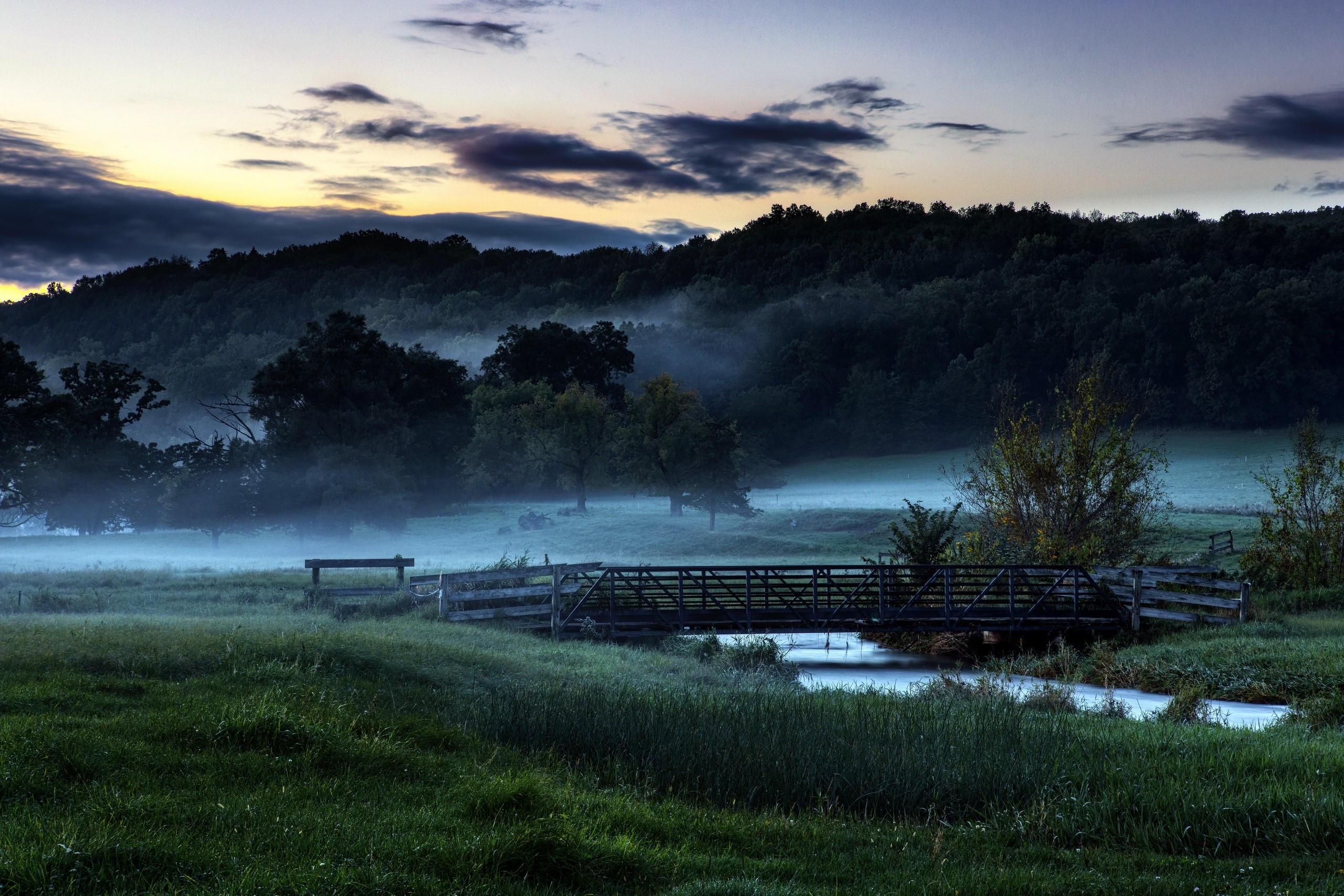 dark, nature, morning, outdoors, landscape, bridge, mist, HD Wallpaper