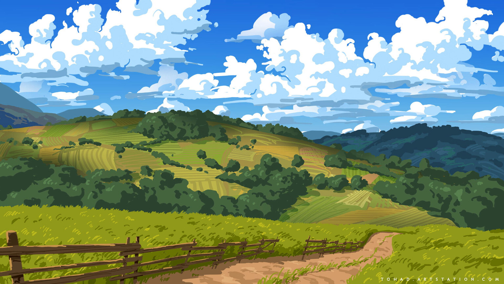 Sylvain Sarrailh, landscape, fence, clouds, sky, road, field, trees, artwork, digital art, HD Wallpaper