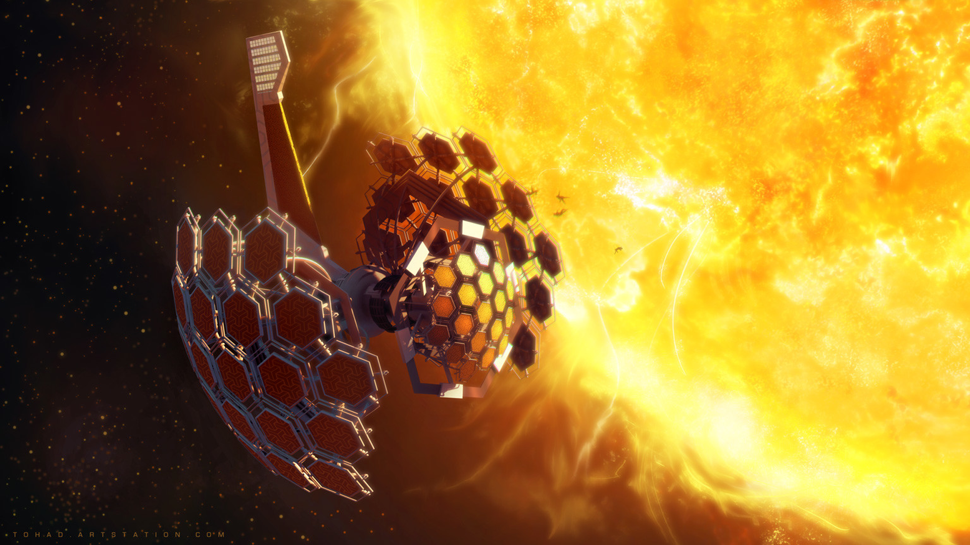 Sylvain Sarrailh, artwork, space, Sun, stars, space station, solar power, HD Wallpaper