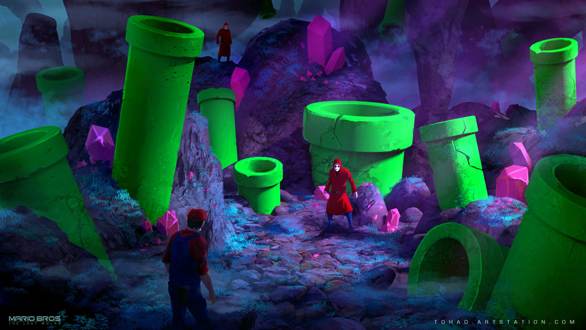 Sylvain Sarrailh, artwork, Mario Bros., mario (series), Mario (Character, Nintendo, Nintendo Entertainment System, Super Mario Bros., Shy Guy, pipe, mineral, video game art, HD Wallpaper