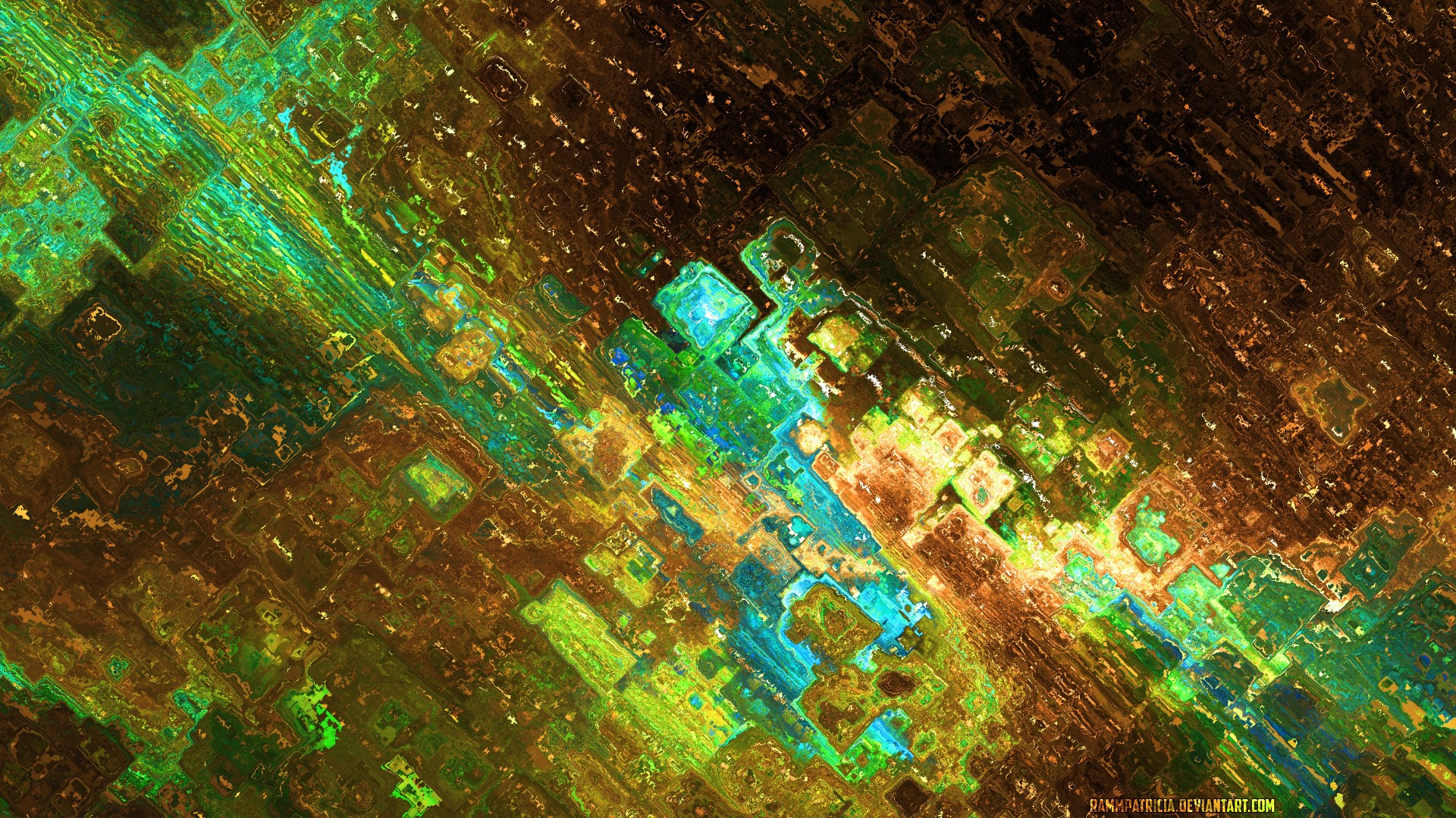abstract, colorful, shapes, digital art, watermarked, green, gold, HD Wallpaper