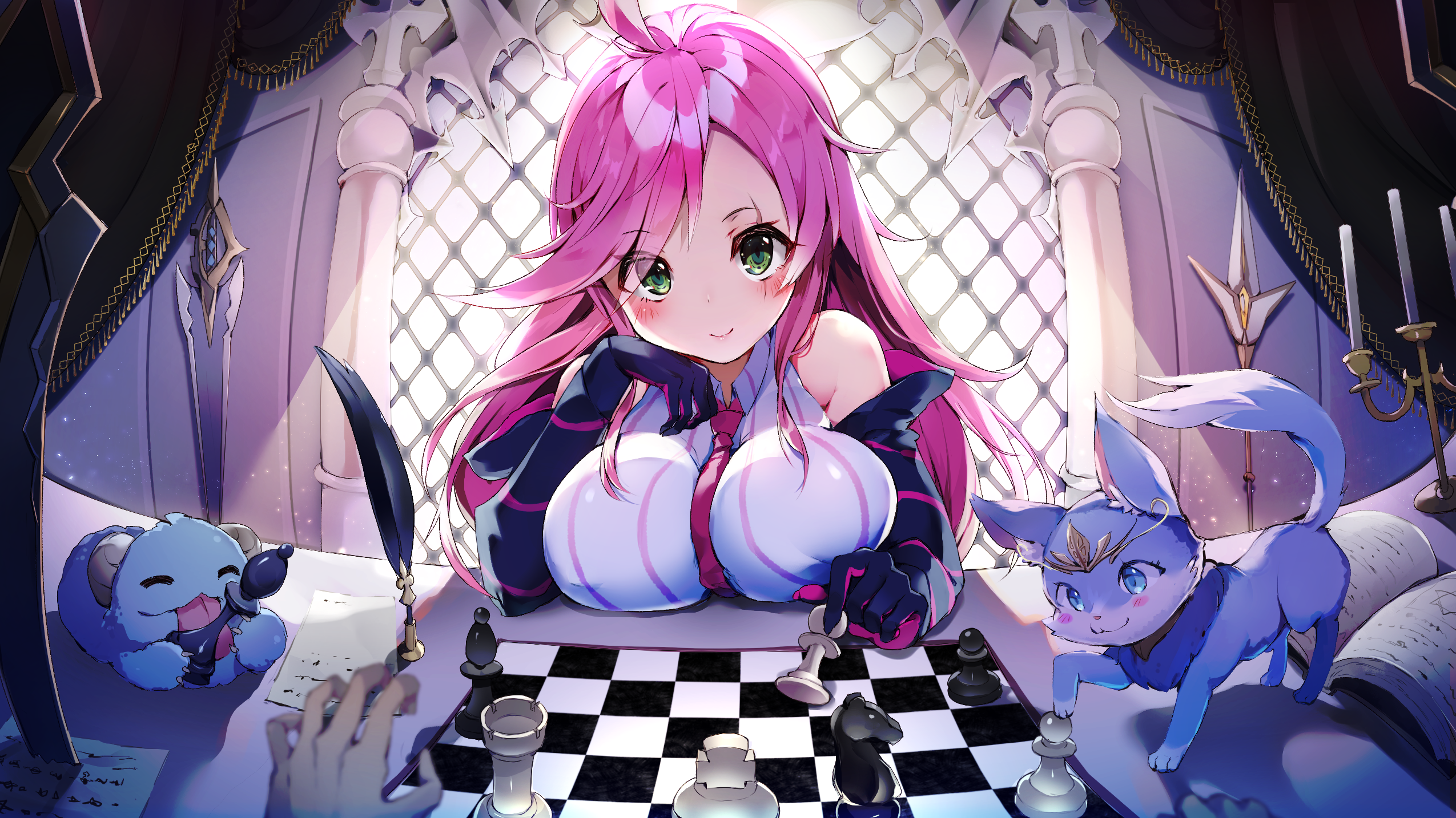 League of Legends, pink hair, green eyes, long hair, blush, gloves, tie, paper, feathers, katarina (league of legends), HD Wallpaper