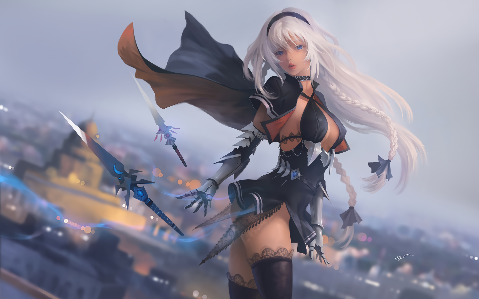 long hair, blue eyes, thigh-highs, weapon, white hair, HD Wallpaper