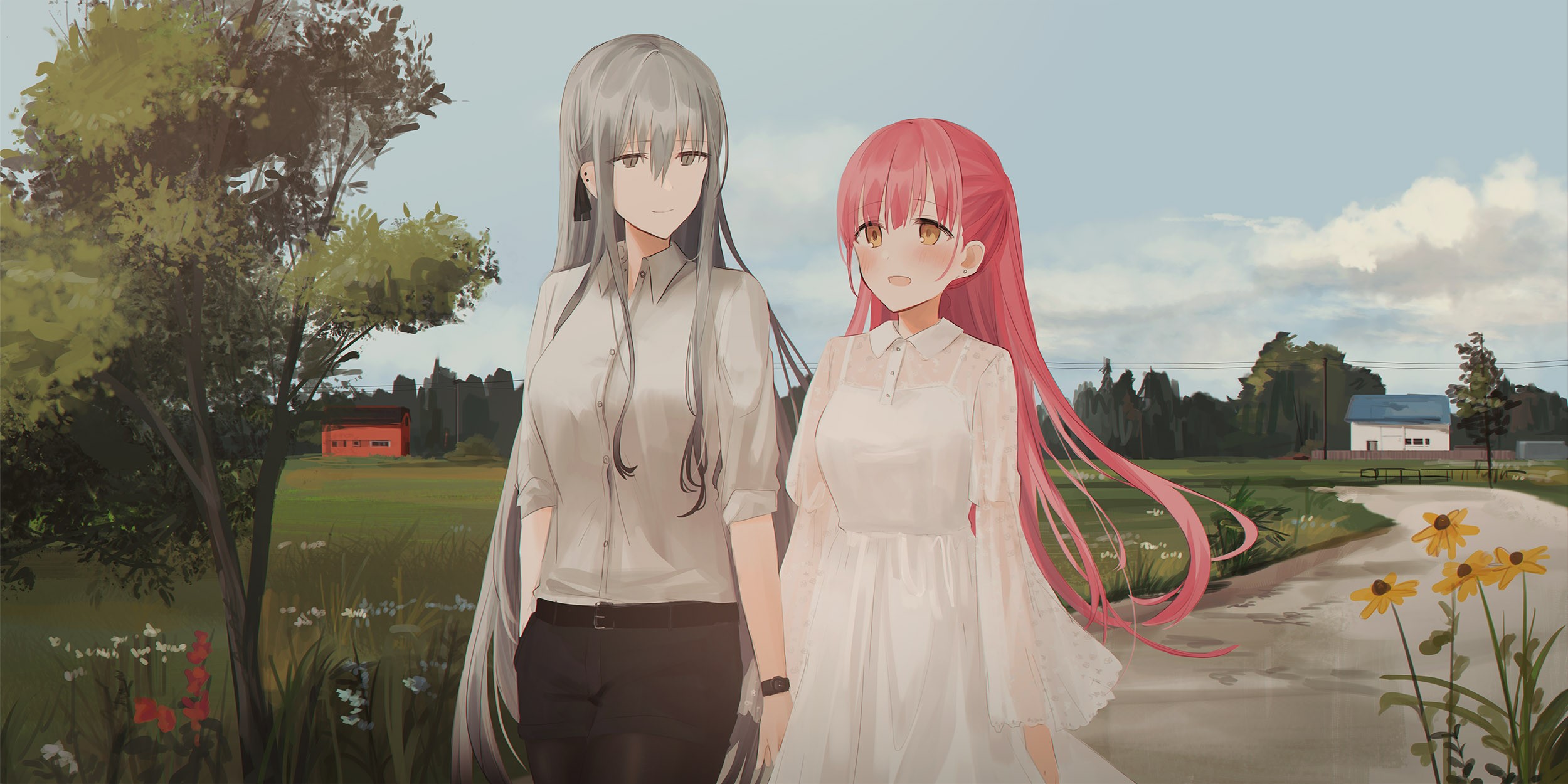 Chihuri 45, pink hair, white hair, anime, anime girls, HD Wallpaper