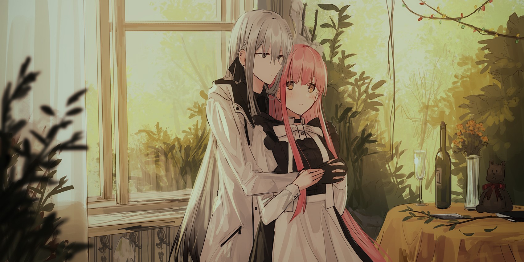 Chihuri 45, pink hair, white hair, maid outfit, anime, anime girls, HD Wallpaper