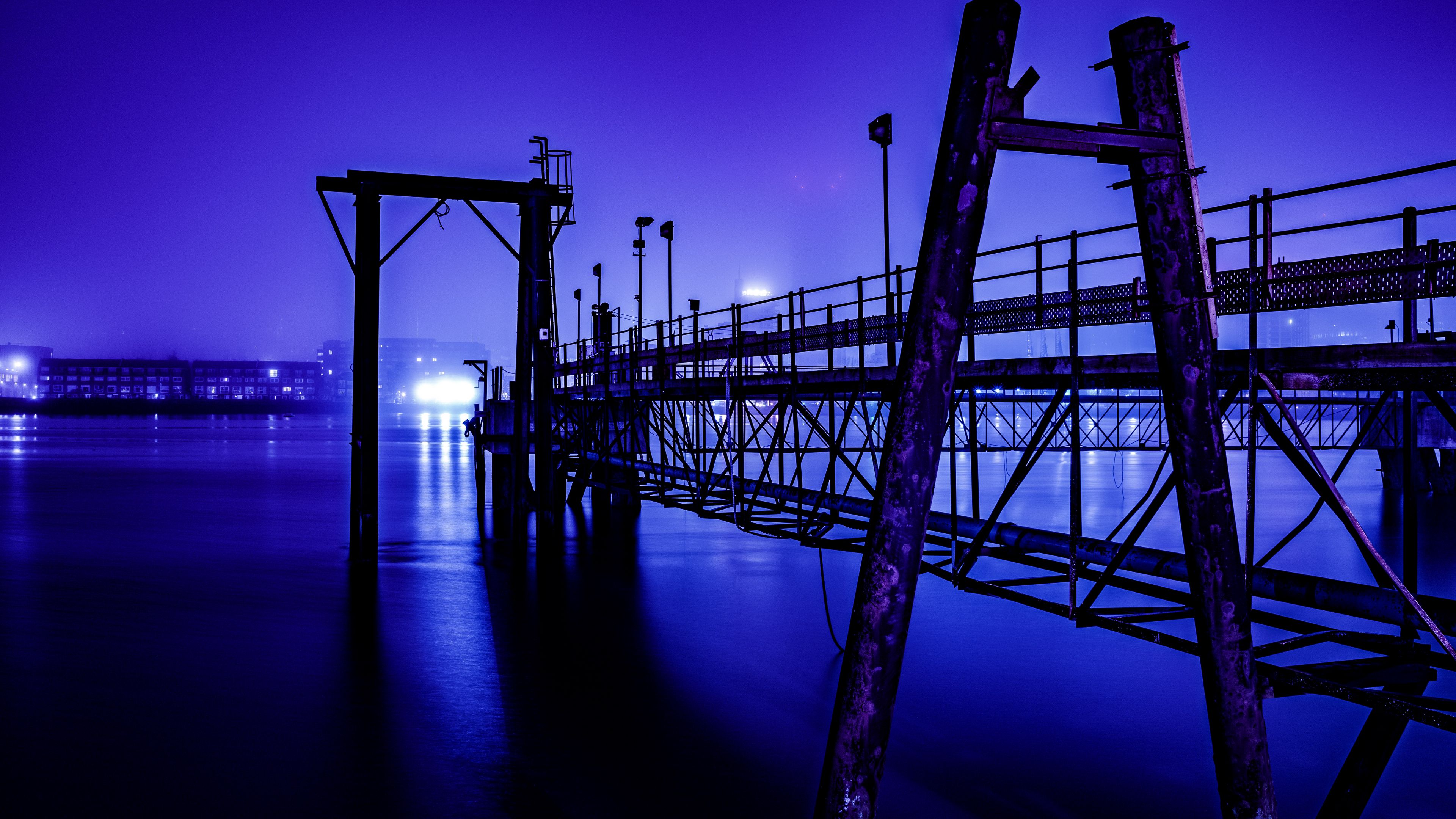 river, construction, night, 4k, HD Wallpaper