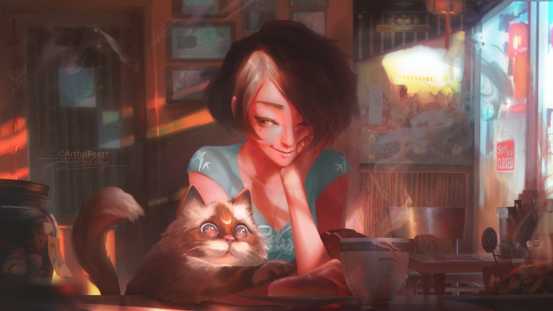 artwork, donut, coffee, morning, short hair, Paul Nong, HD Wallpaper