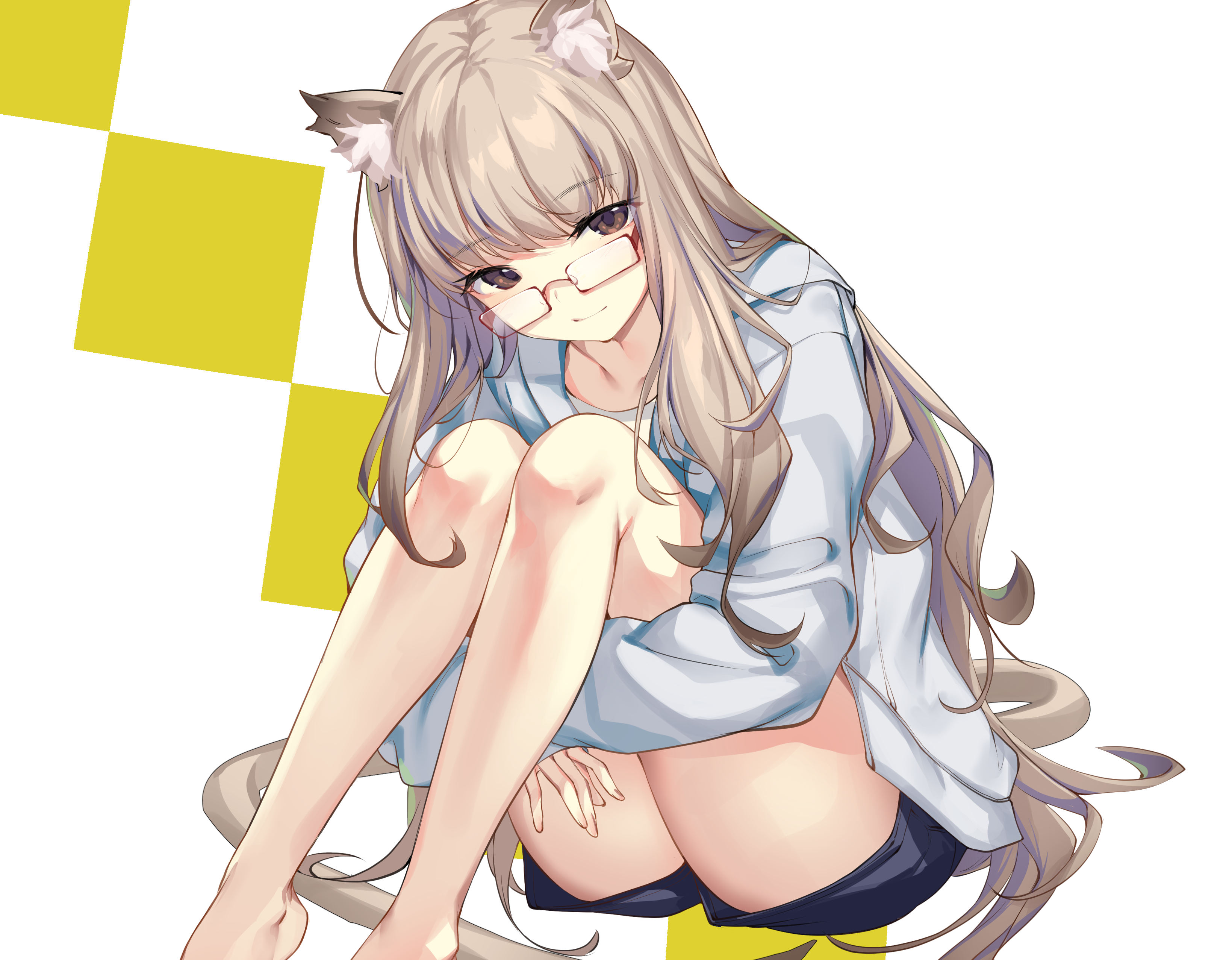 ikomochi, animal ears, glasses, long hair, barefoot, cat girl, shorts, tail, anime, anime girls, HD Wallpaper