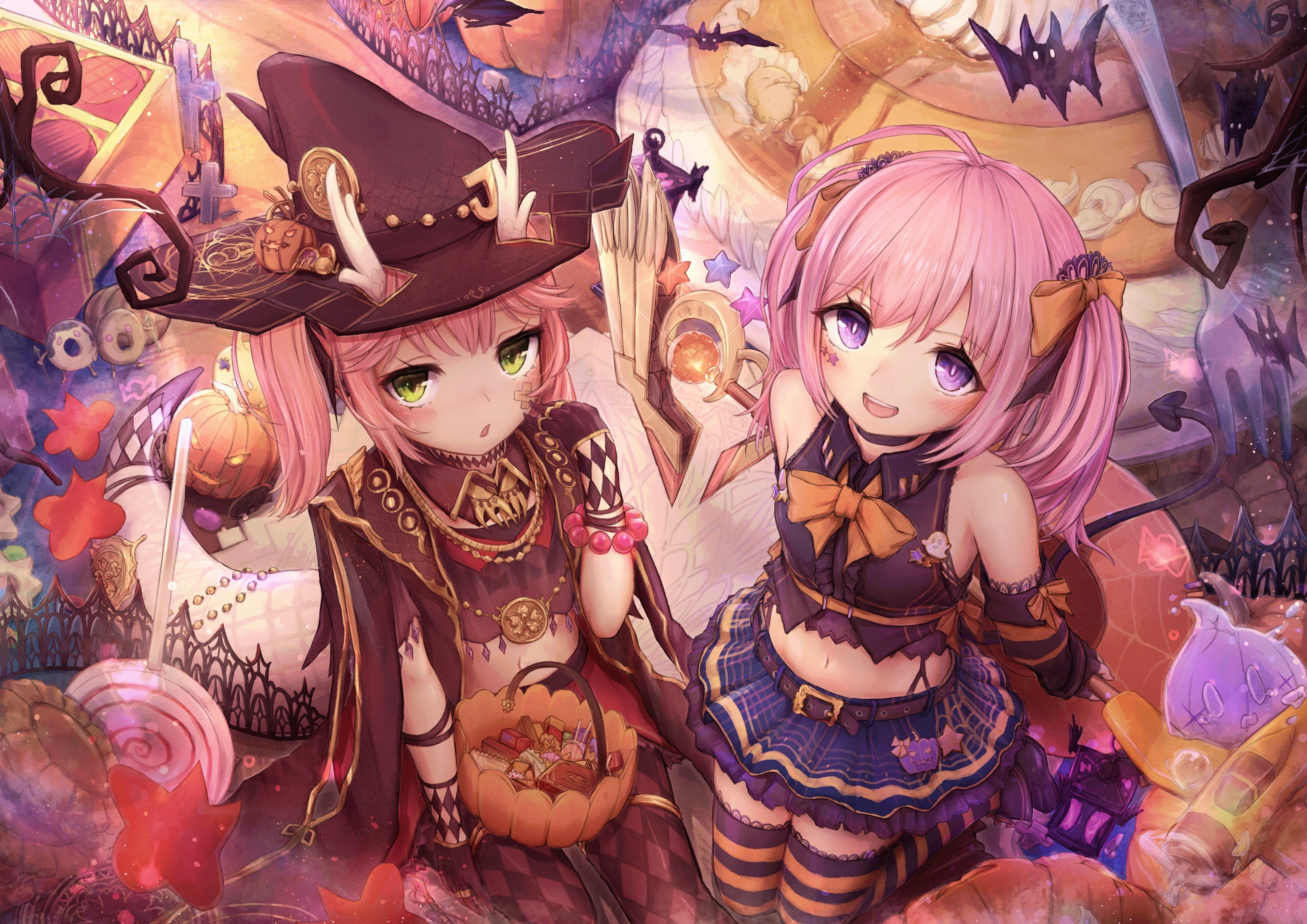 Azur Lane, anthropomorphism, pink hair, purple eyes, green eyes, twintails, short hair, HD Wallpaper