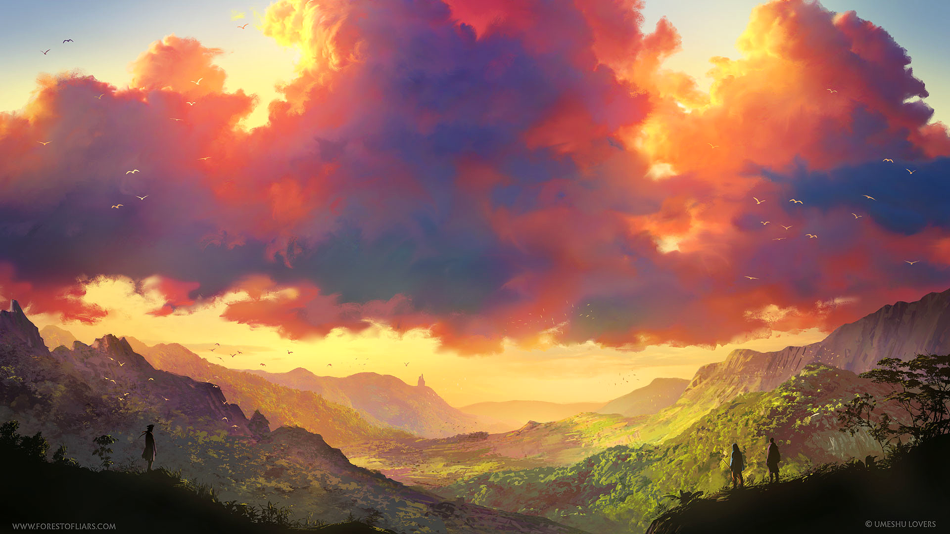 Sylvain Sarrailh, Forest of Liars, landscape, clouds, birds, fantasy art, video game art, digital art, sunset, artwork, HD Wallpaper