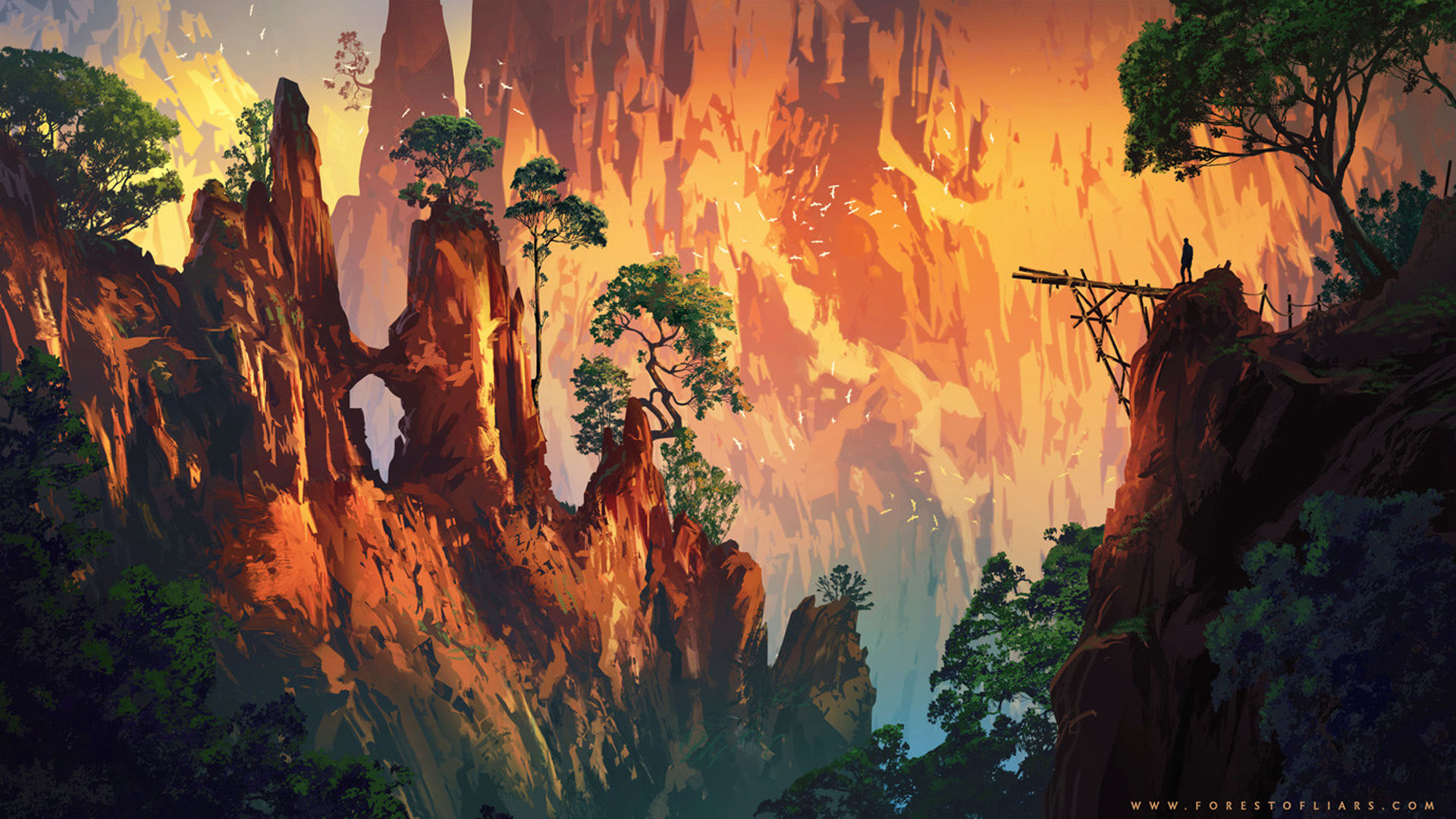 Sylvain Sarrailh, Forest of Liars, cliff, landscape, birds, trees, video game art, artwork, digital art, HD Wallpaper