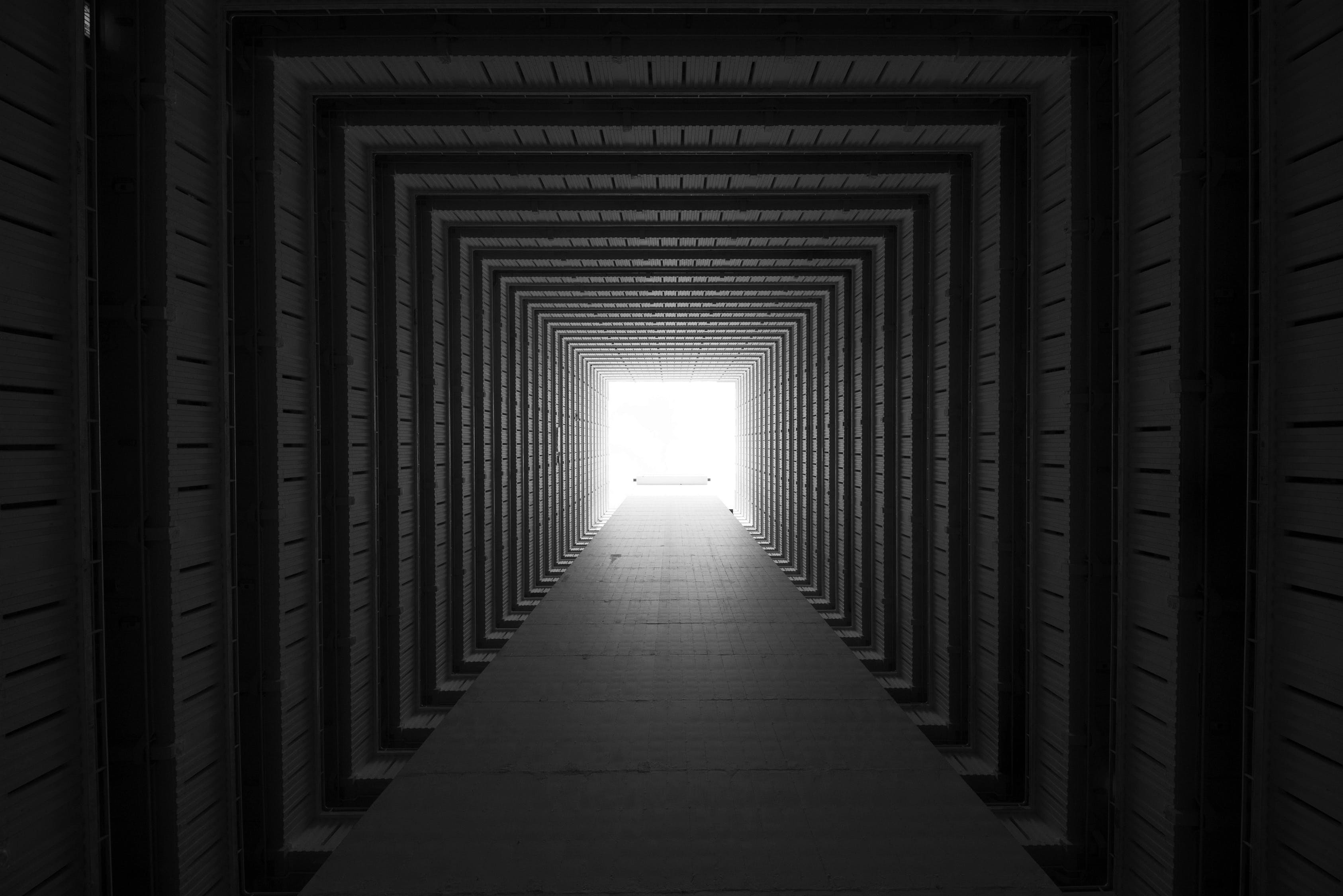 photography, monochrome, architecture, tunnel, hallway, square, HD Wallpaper