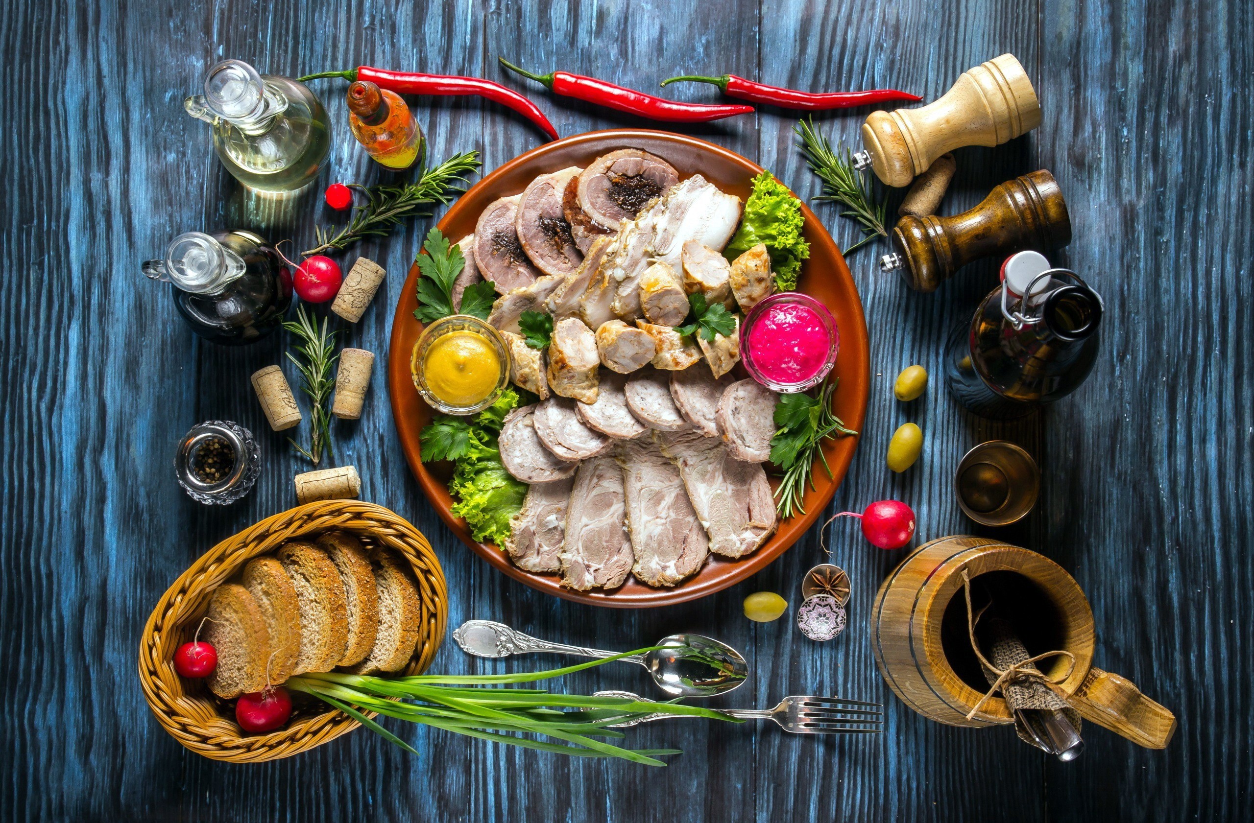 still life, food, bread, meat, vegetables, spoon, fork, HD Wallpaper