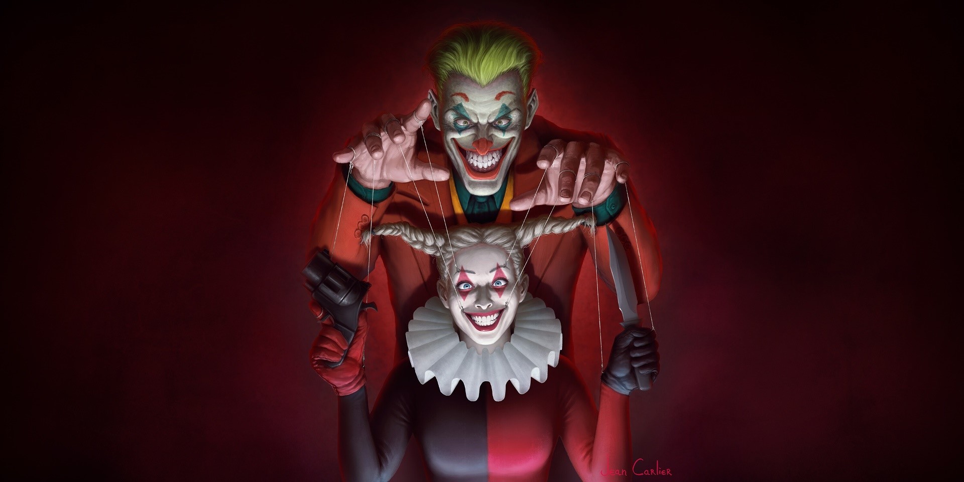 artwork, Joker, Harley Quinn, clown, puppets, Neon Hair, smiling, frills, frontal view, HD Wallpaper