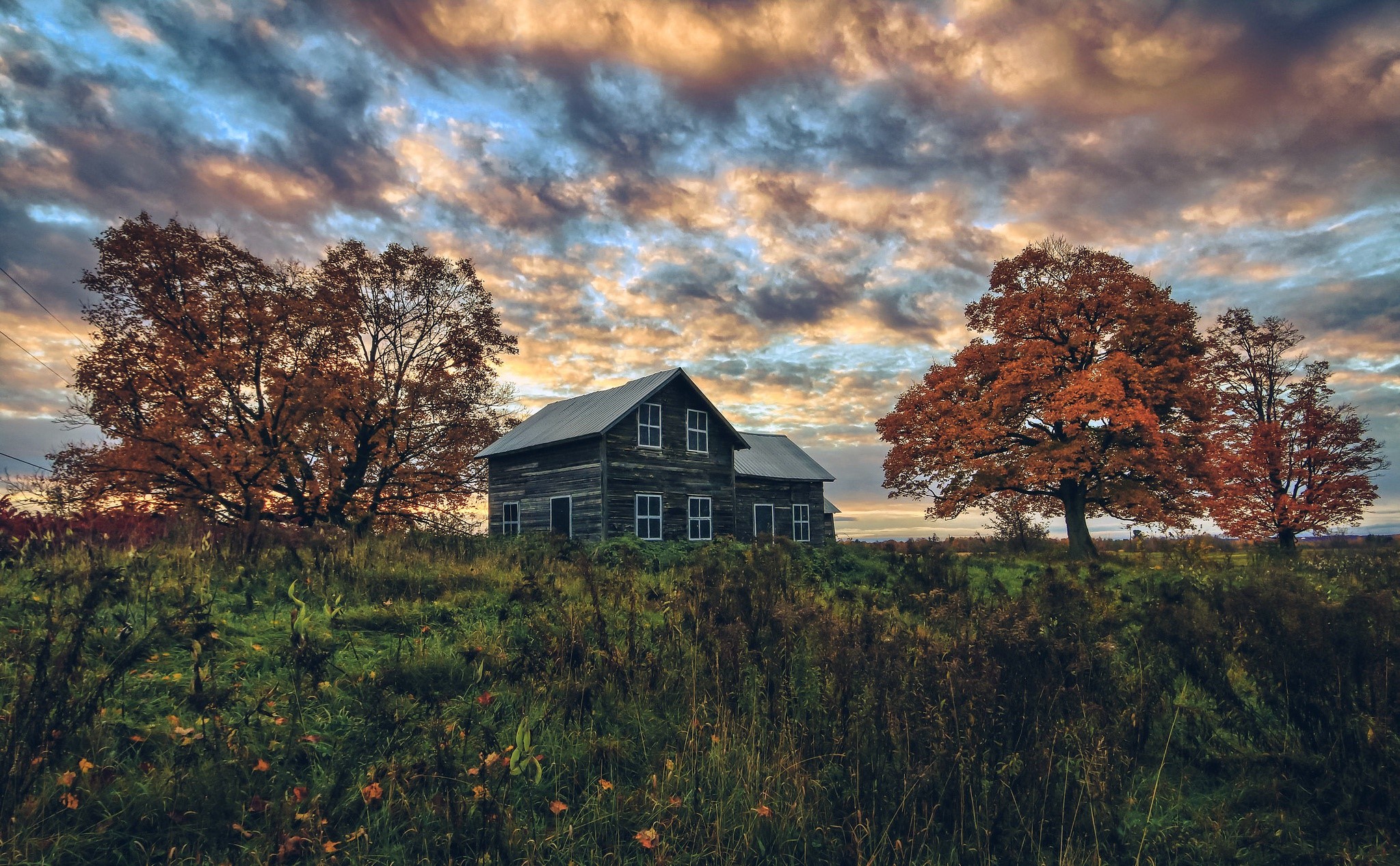 sky, clouds, trees, plants, house, building, HD Wallpaper