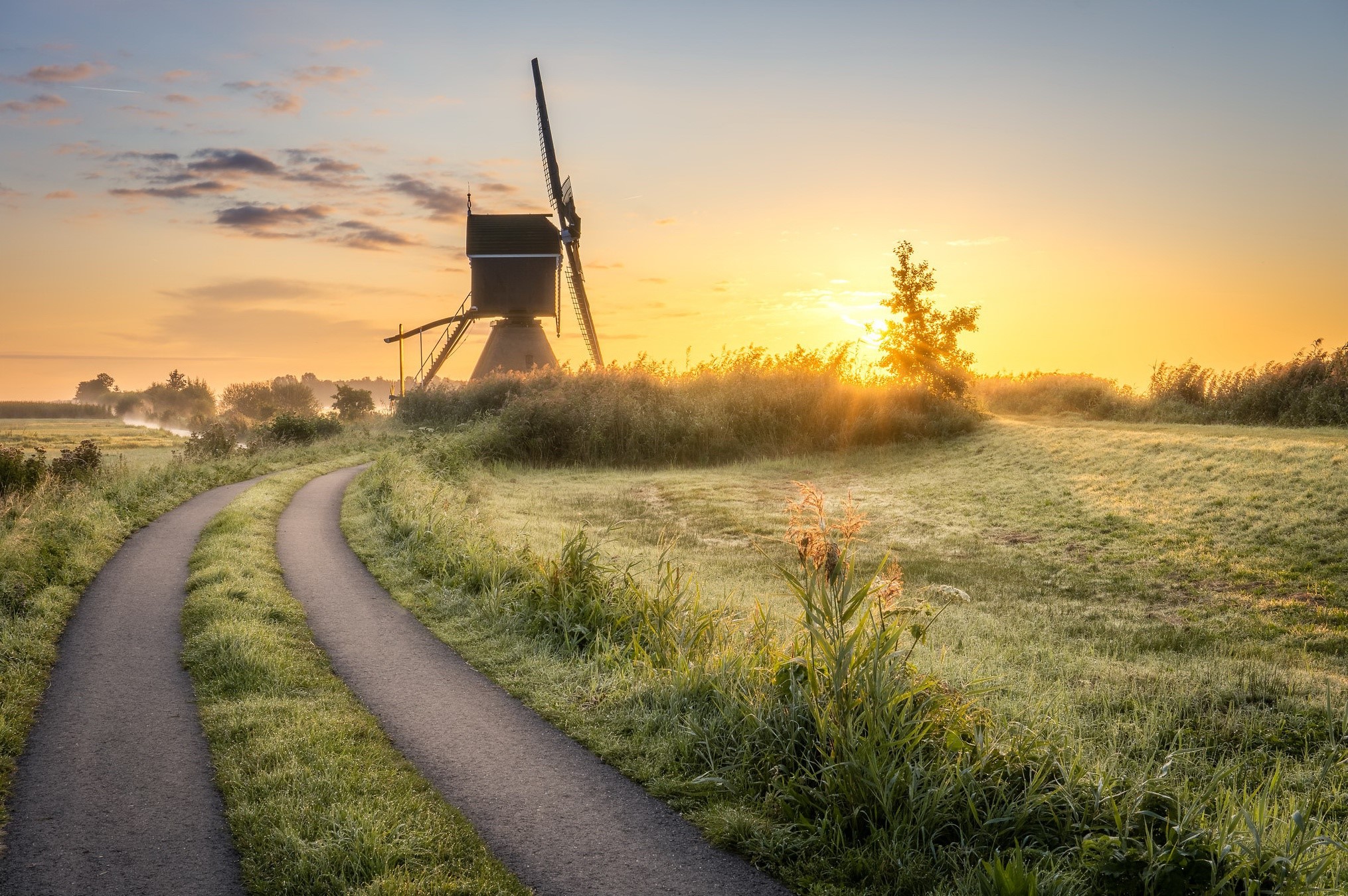 landscape, sunlight, outdoors, windmill, HD Wallpaper