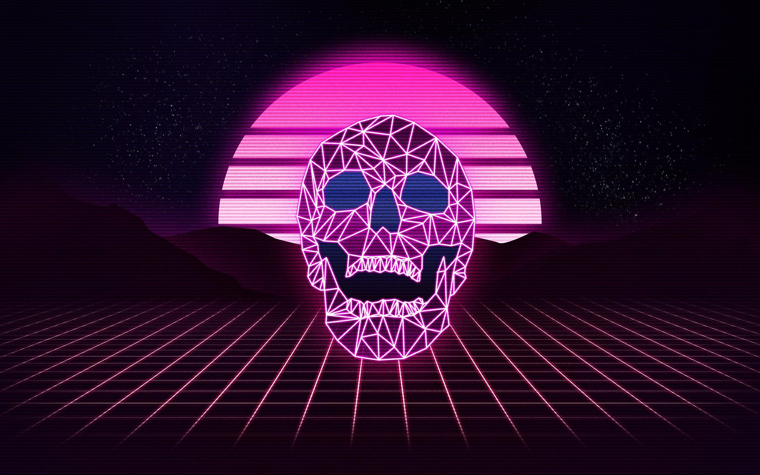 skull, neon, synthwave, digital art, HD Wallpaper