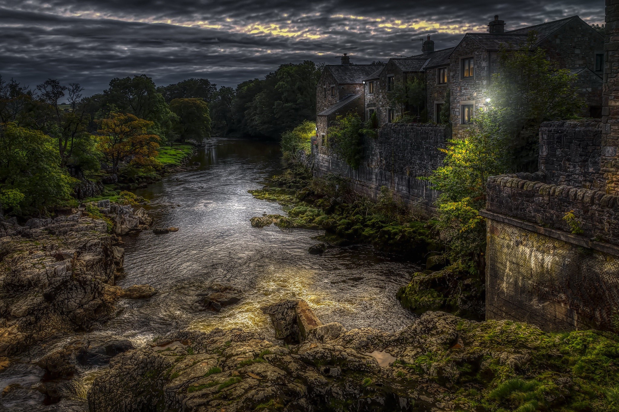 dark, night, house, river, building, HD Wallpaper