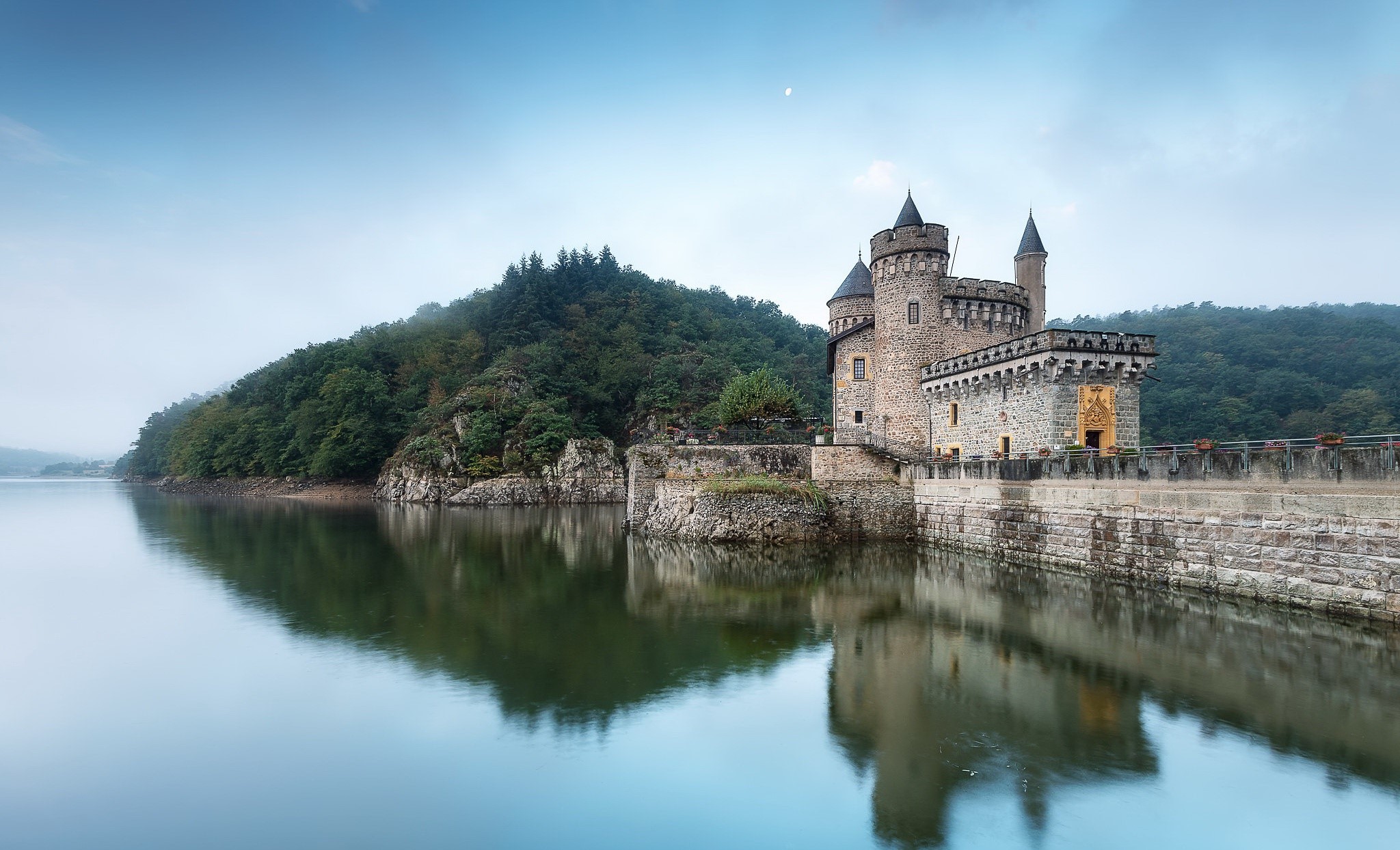 France, water, building, reflection, Château de la Roche, HD Wallpaper
