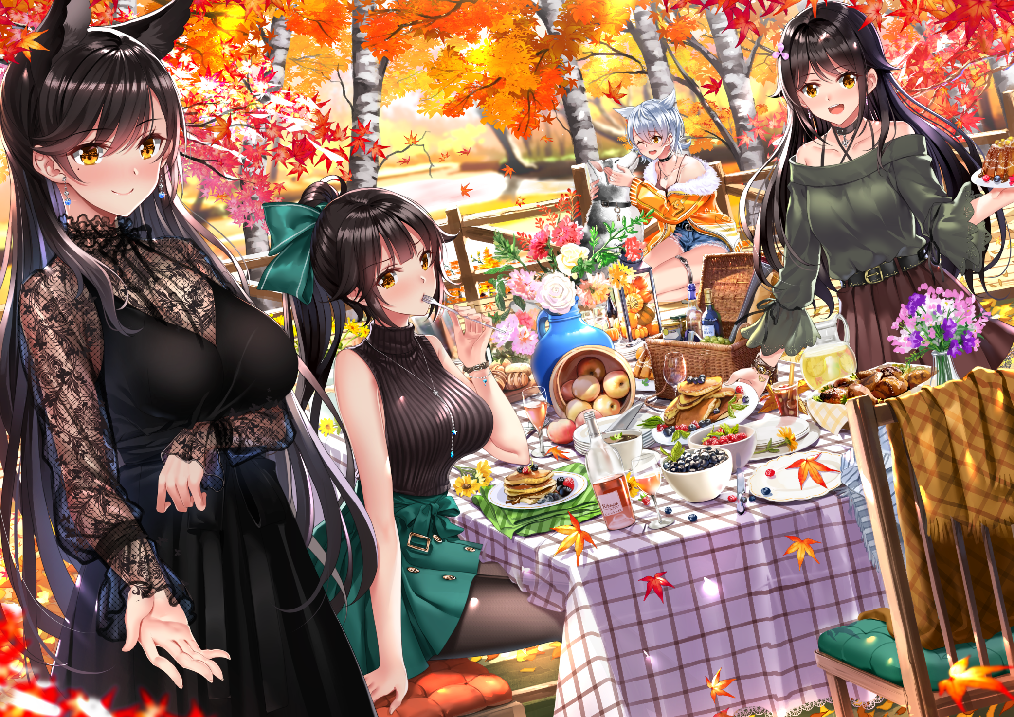 anime, anime girls, digital art, artwork, 2D, portrait, Azur Lane, Atago (Azur Lane), Takao (Azur Lane), Maya (Azur Lane), Choukai (Azur Lane), dog, food, HD Wallpaper