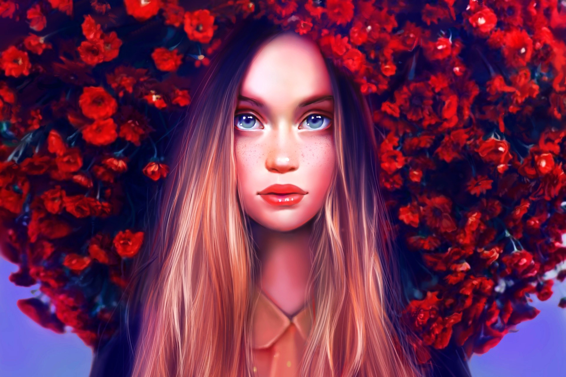 women, artwork, face, flowers, long hair, blue eyes, HD Wallpaper