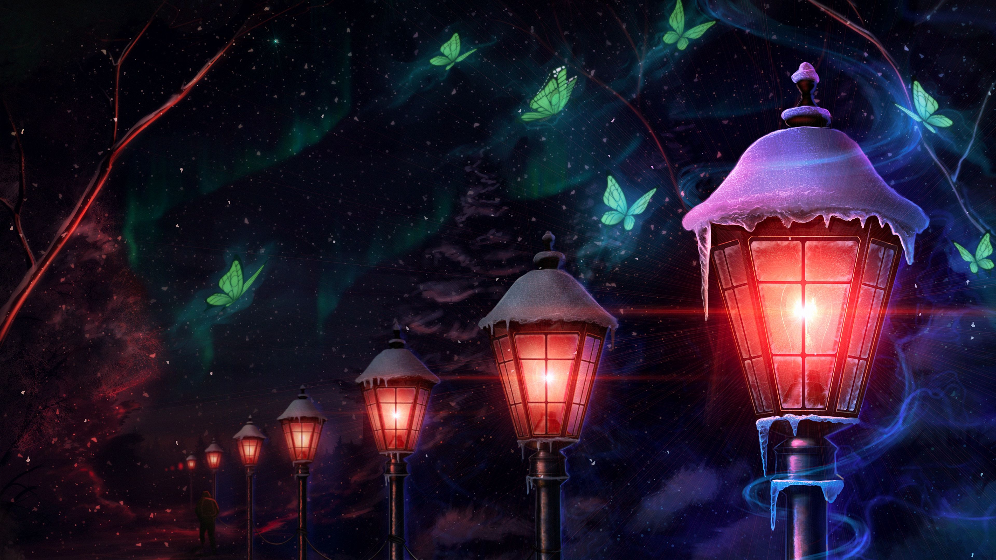 lights, moths, butterflies, art, 4k, HD Wallpaper