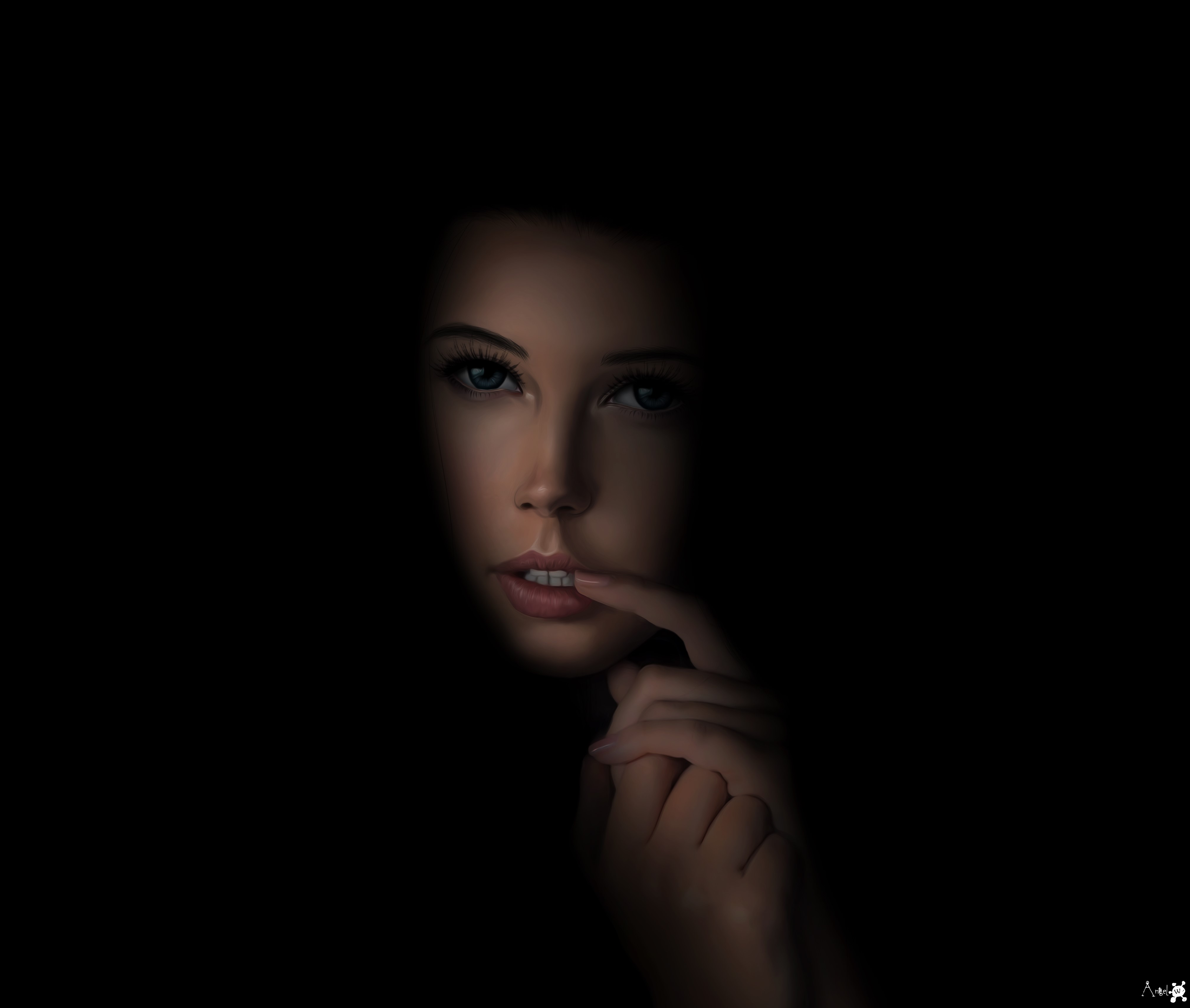 artwork, digital painting, women, face, dark, blue eyes, portrait, HD Wallpaper