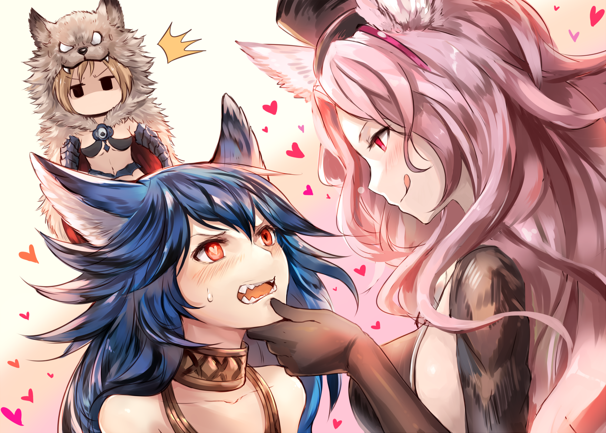 Granblue Fantasy, Djeeta (Granblue Fantasy), Ferry (Granblue Fantasy), animal ears, pink hair, blue hair, red eyes, blush, long hair, collar, Fang, short hair, HD Wallpaper