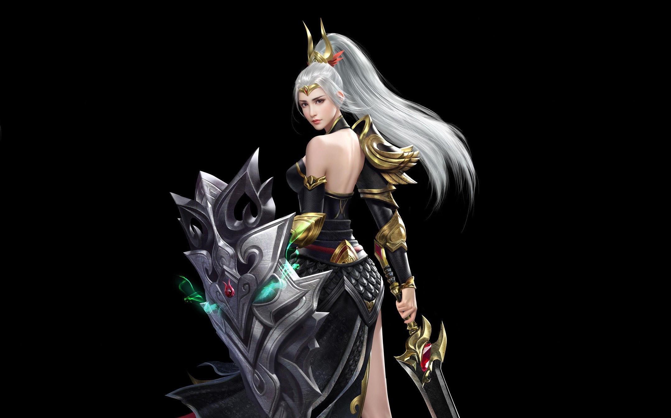 simple background, warrior, black background, fantasy art, fantasy girl, long hair, shield, HD Wallpaper