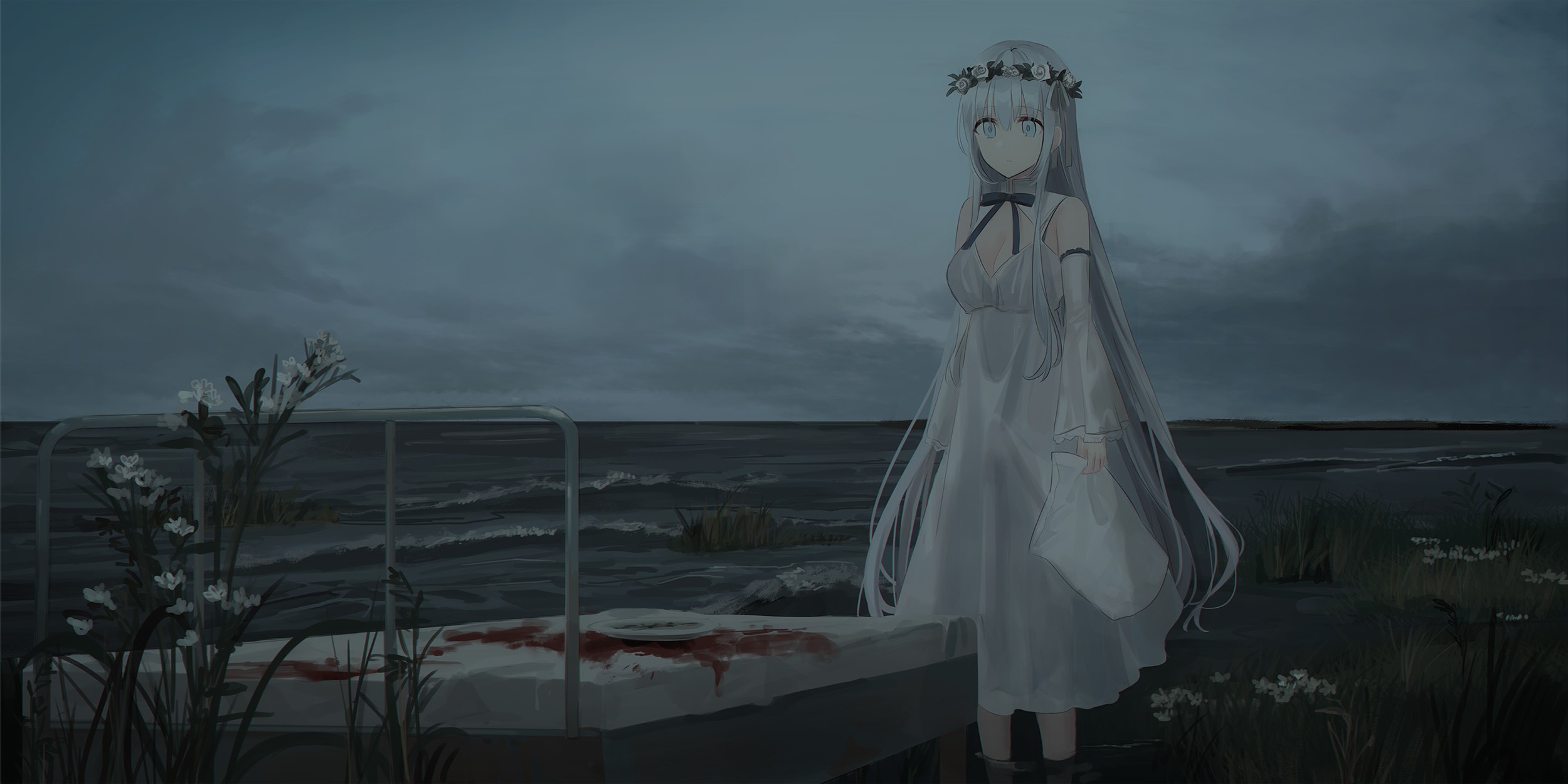 Chihuri 45, white hair, sea, blood, bed, anime, anime girls, moescape, HD Wallpaper