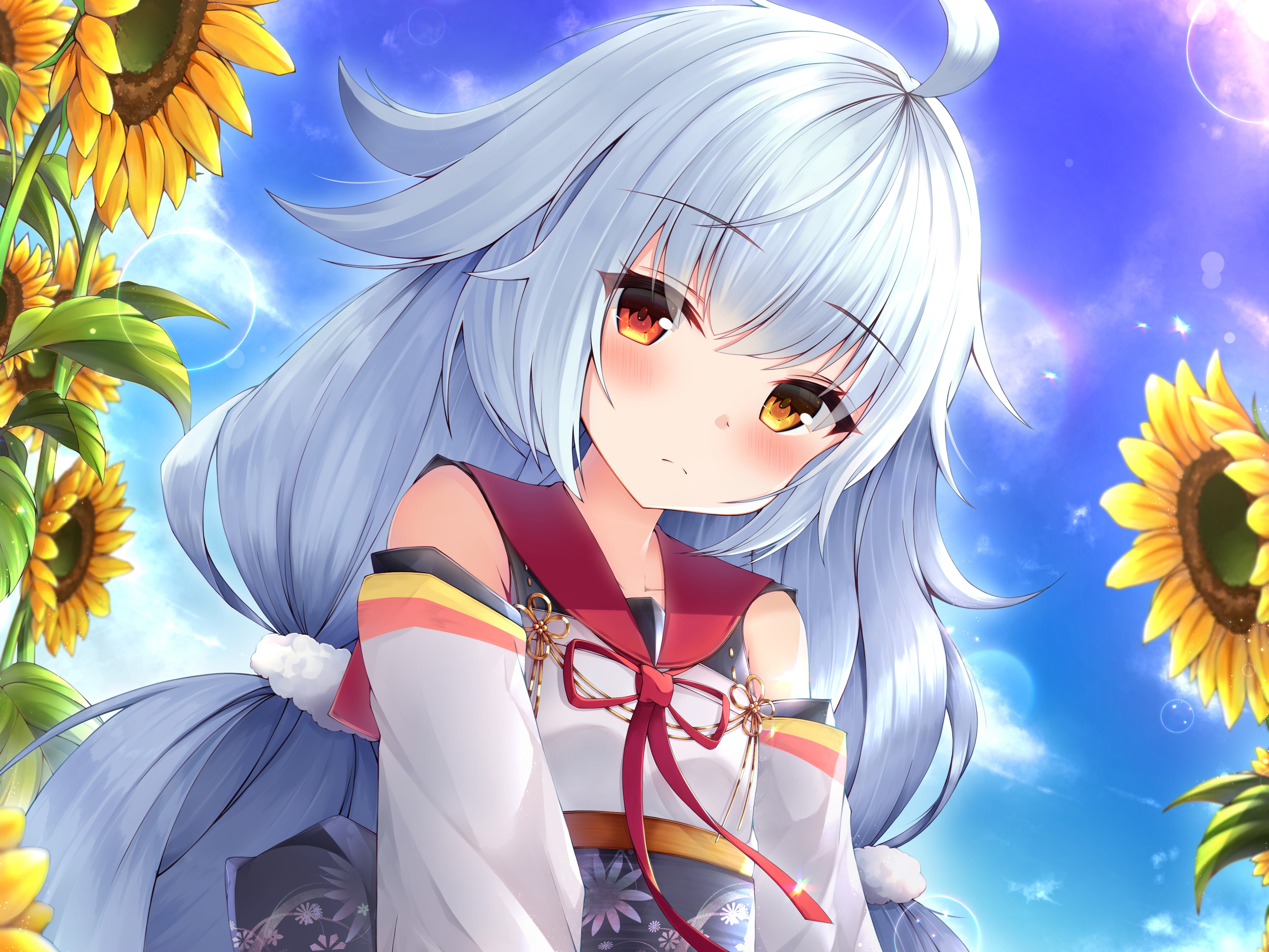 Azur Lane, aqua hair, long hair, blush, twintails, Japanese clothes, clouds, heterochromia, sunflowers, sky, HD Wallpaper