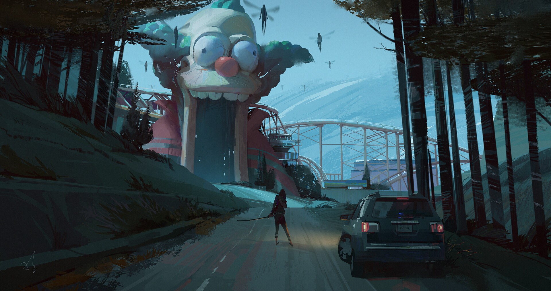 Krusty the Clown, artwork, car, road, katana, original characters, HD Wallpaper