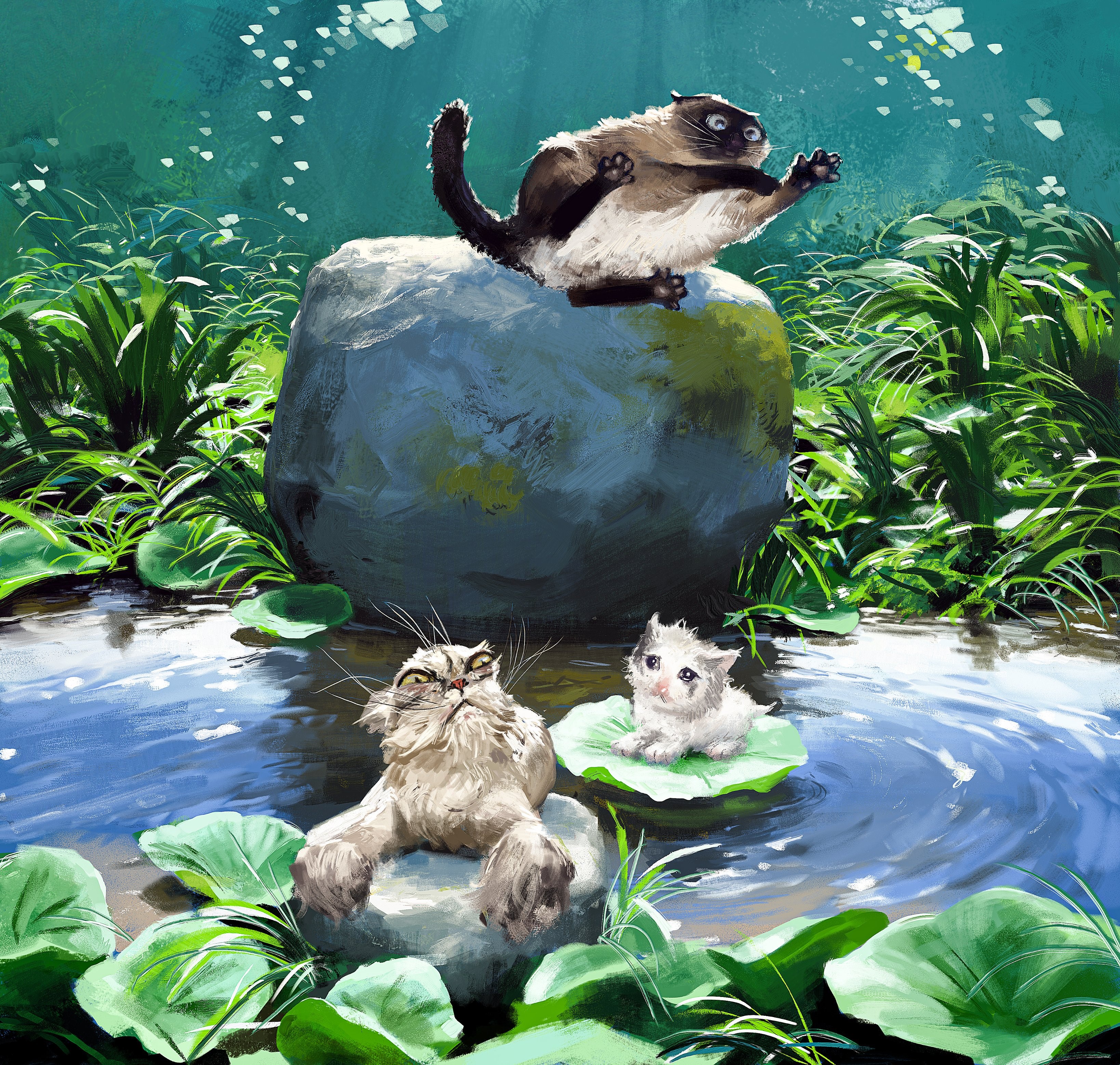 cats, memes, nature, trees, grass, water, water lilies, humor, HD Wallpaper