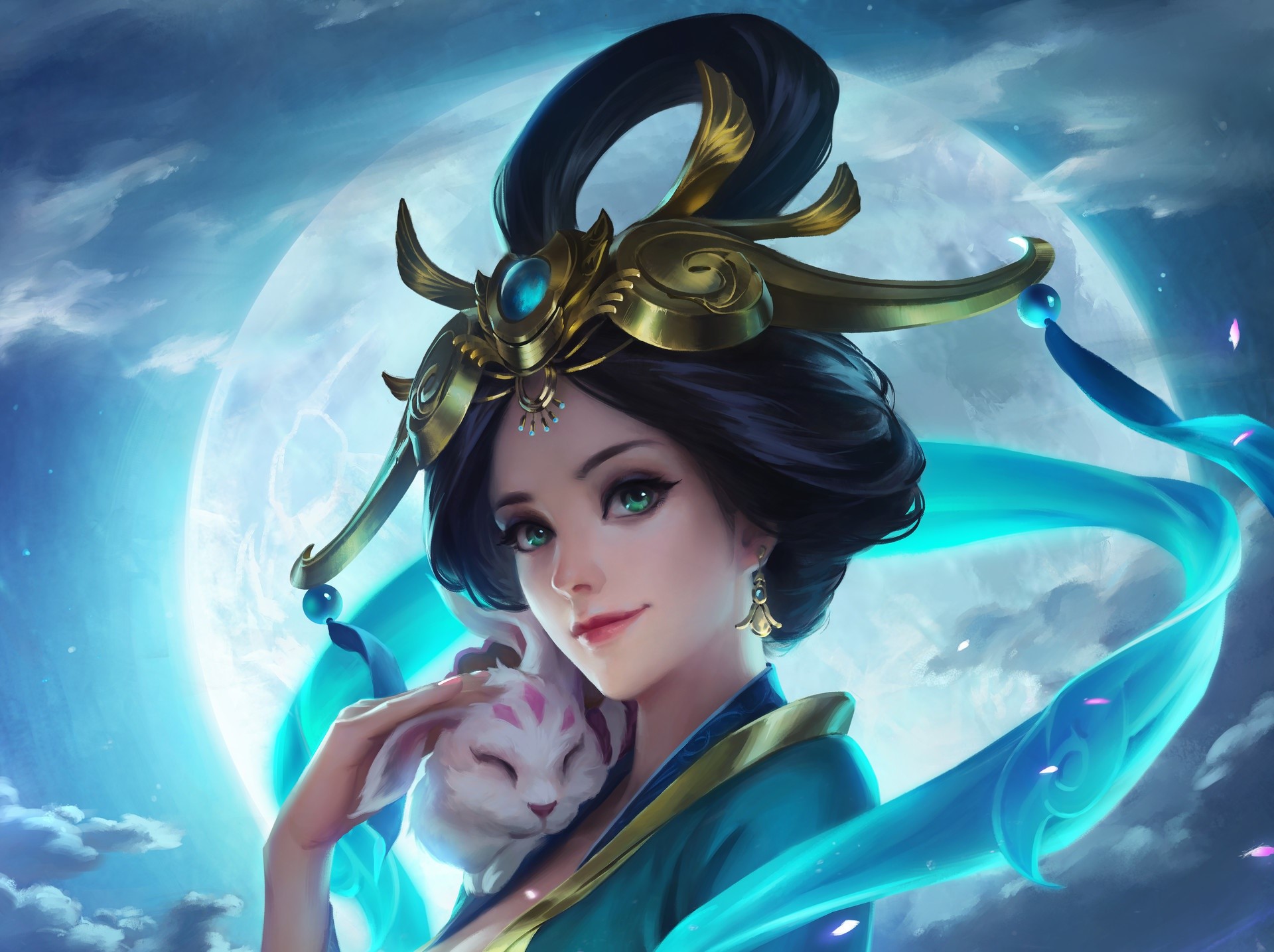 animals, cats, fantasy girl, dark hair, fantasy art, cyan, blue, HD Wallpaper