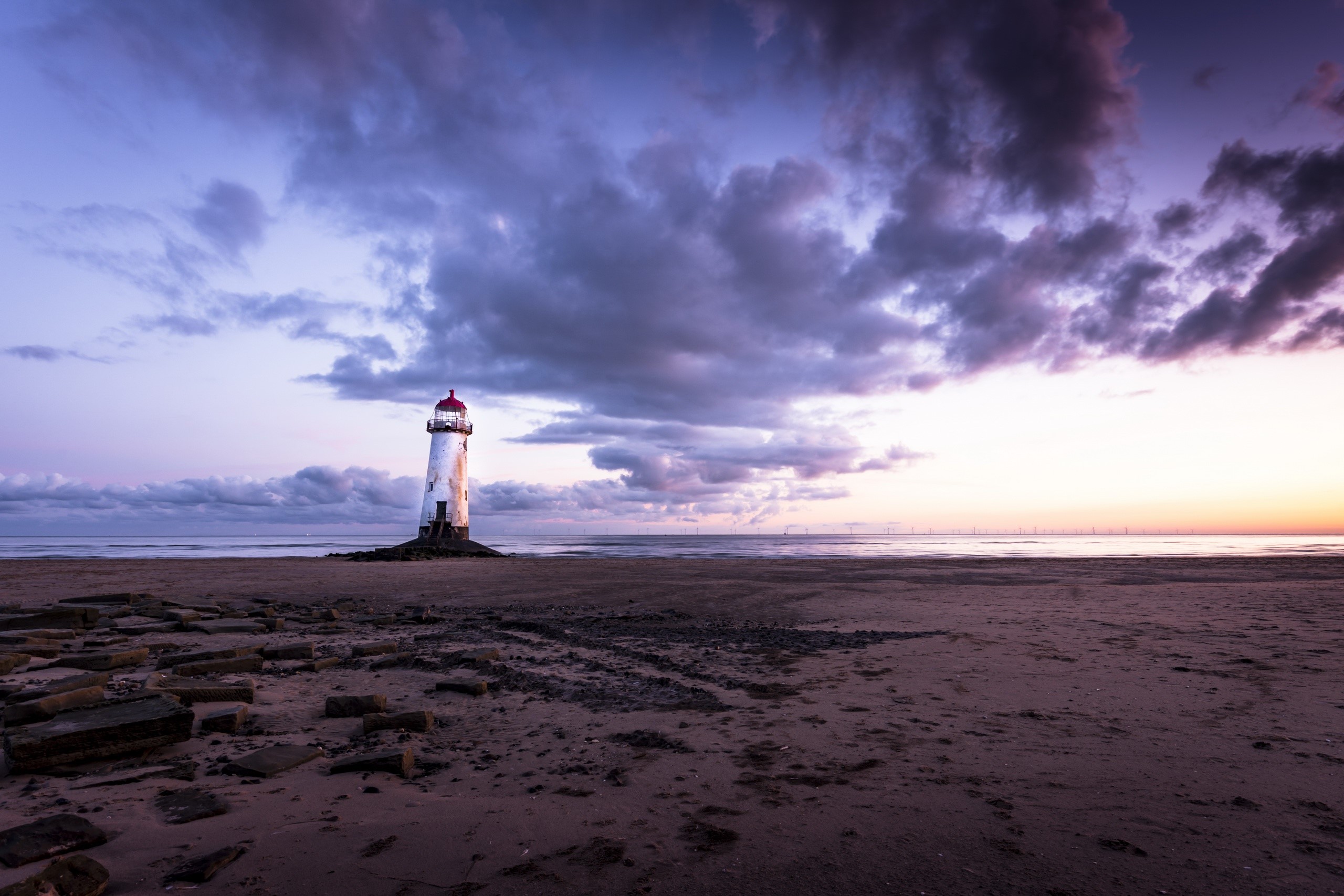 Wales, lighthouse, outdoors, sky, clouds, beach, sea, horizon, HD Wallpaper