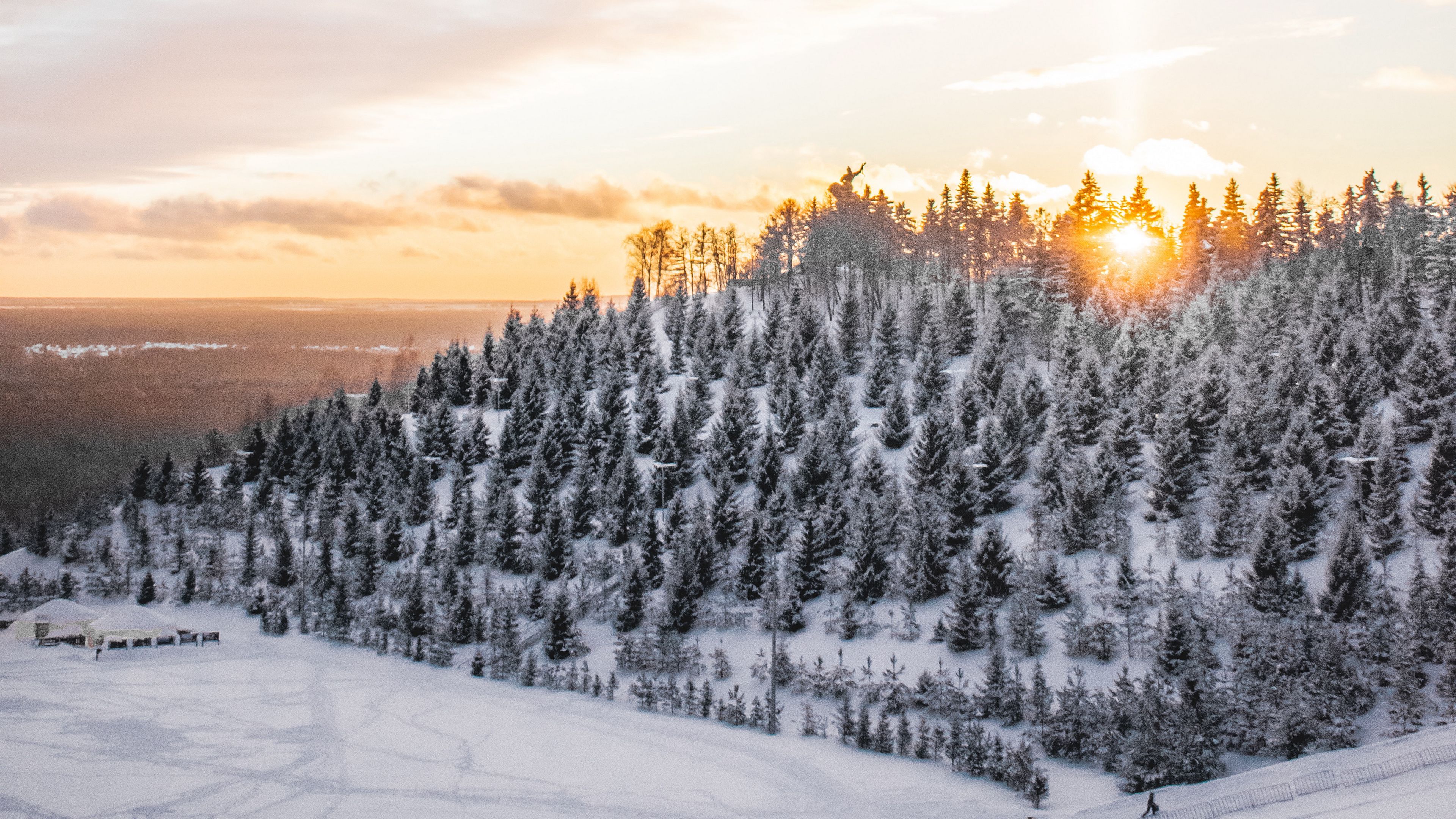 winter, snow, top, trees, sunset, 4k, HD Wallpaper