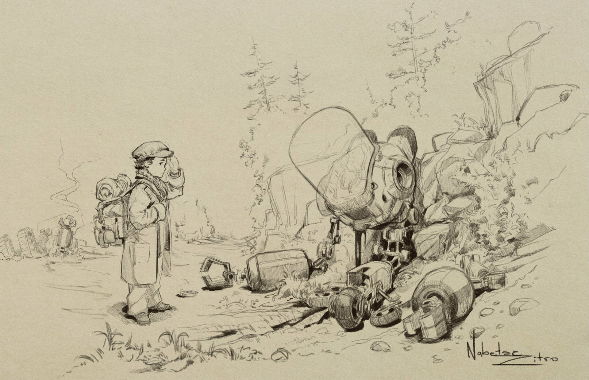 Nabetse Zitro, sketches, drawing, children, machine, traditional art, destruction, nature, abandoned, HD Wallpaper