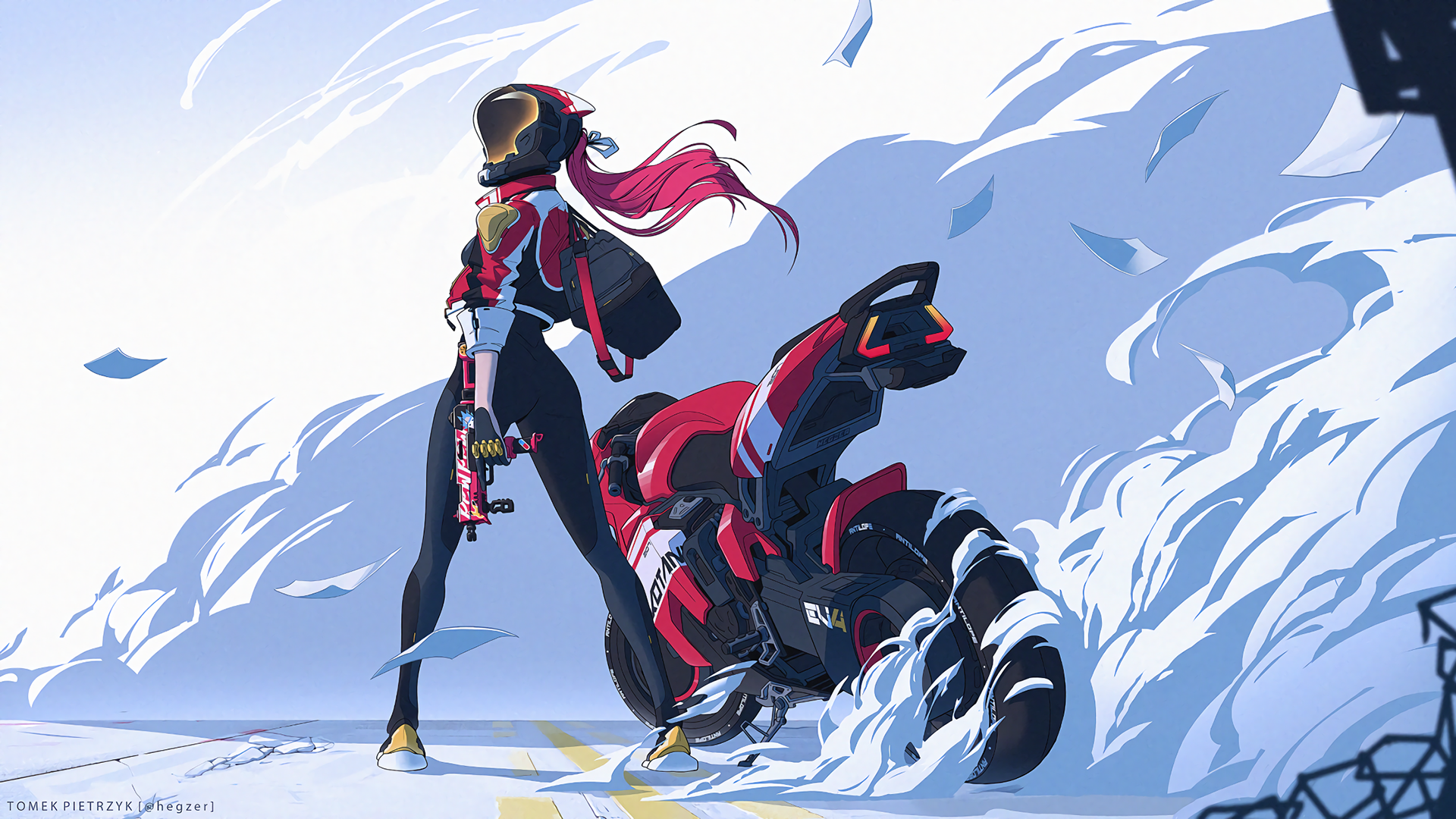 motorcycle, gun, smoke, long hair, Tomek Pietrzyk, artwork, HD Wallpaper
