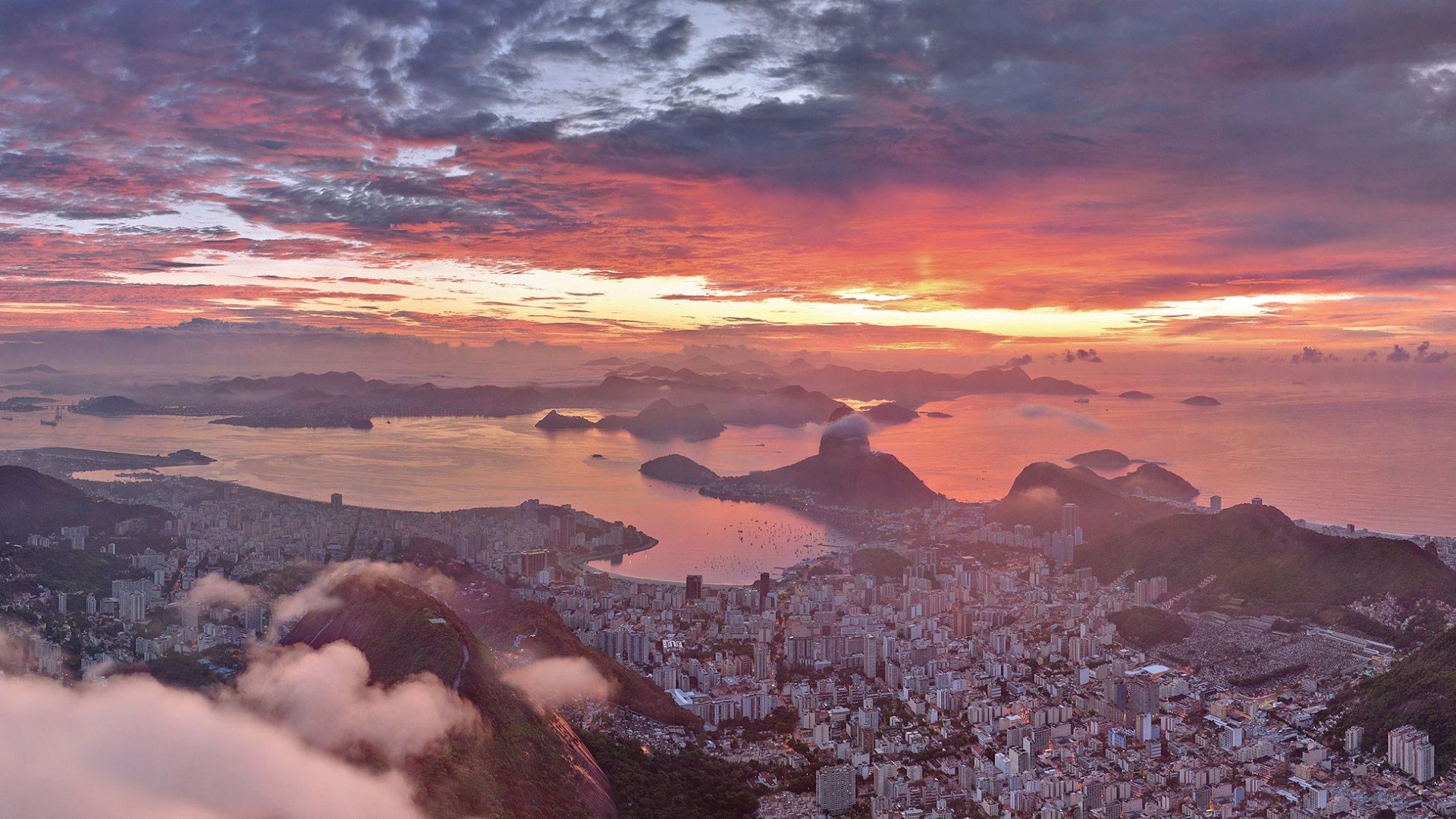 Rio de Janeiro, Brazil, city, cityscape, sunset, clouds, sea, dusk, HD Wallpaper