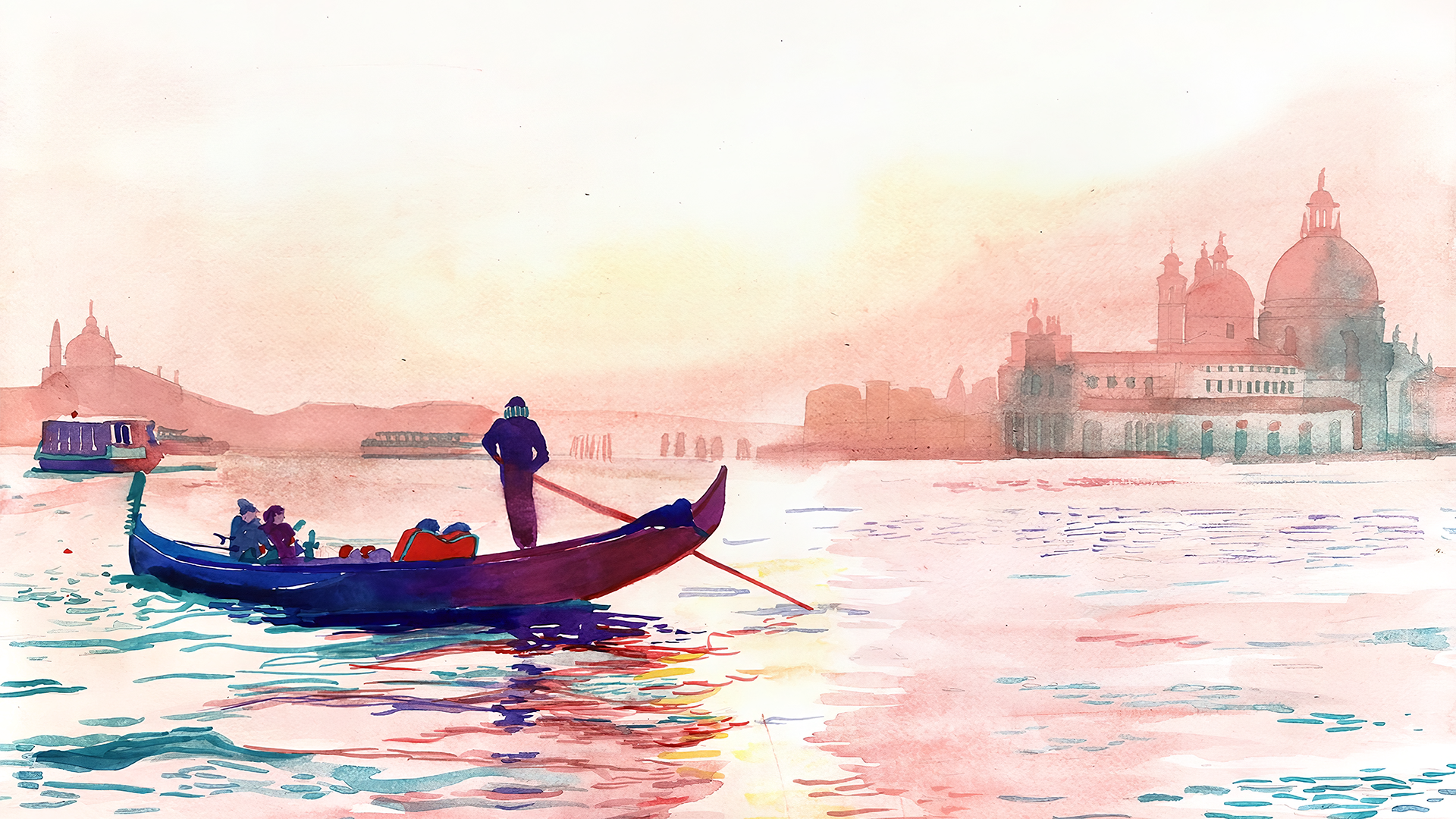 digital, painting, Venice, gondolas, cathedral, HD Wallpaper