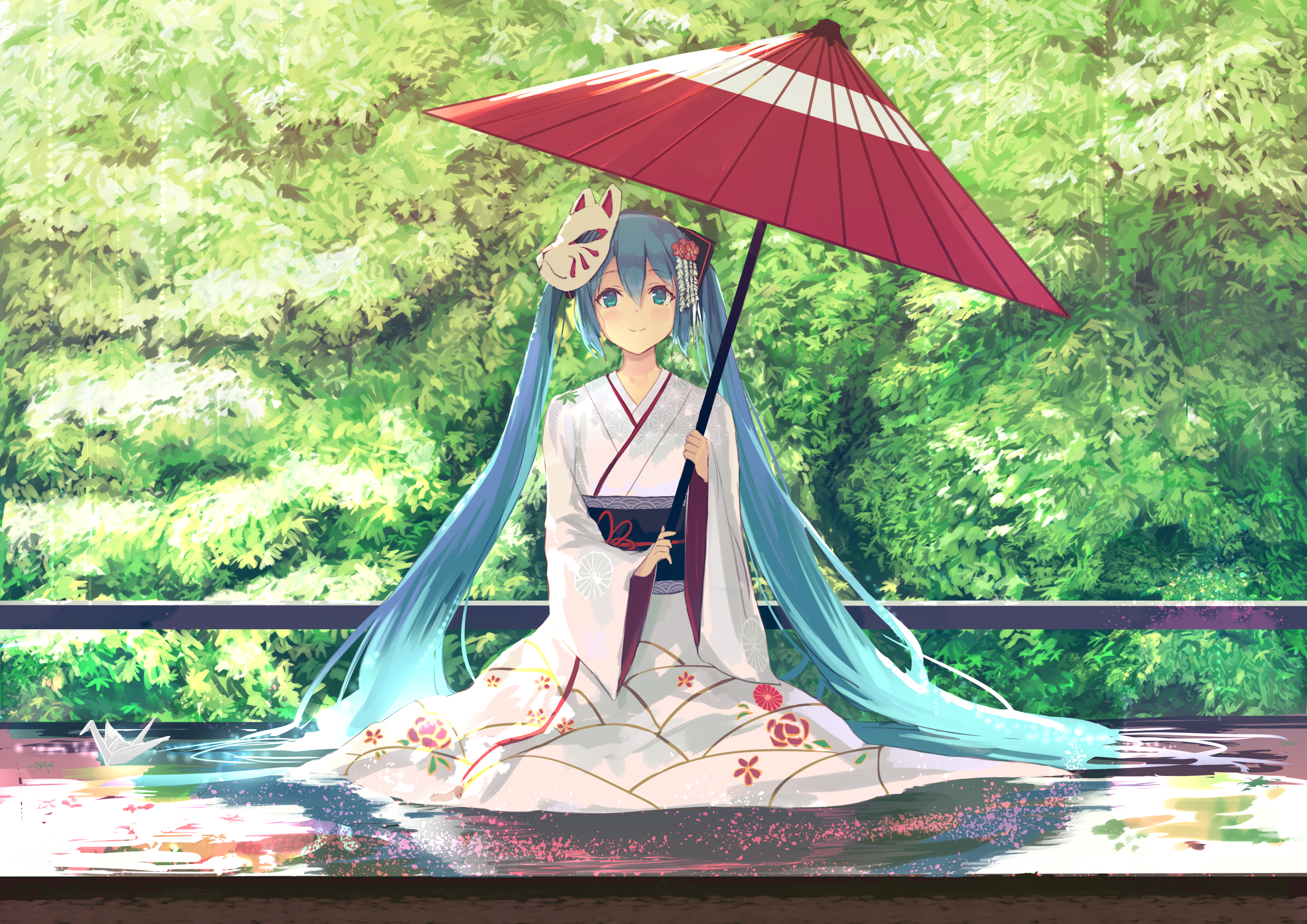 anime, anime girls, Vocaloid, long hair, twintails, Hatsune Miku, Japanese umbrella, kimono, Japanese kimono, mask, HD Wallpaper