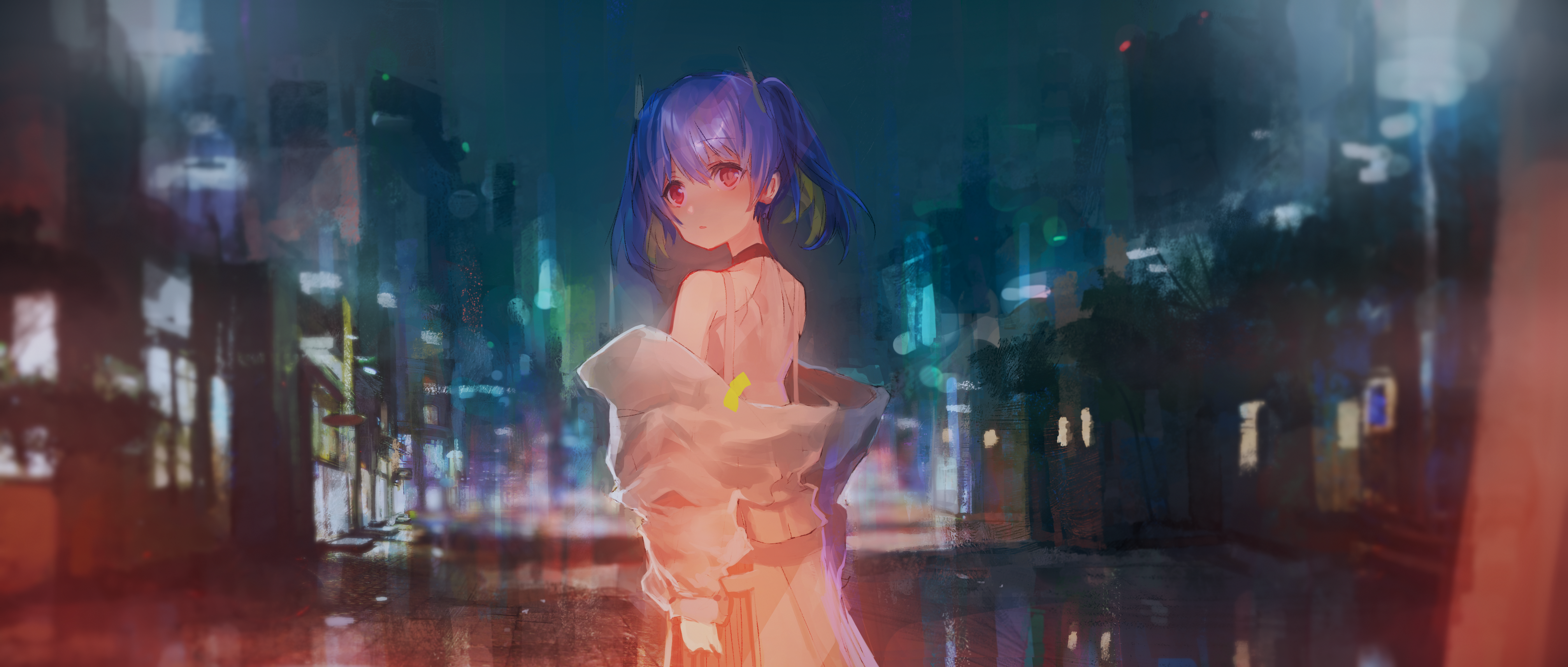 anime, anime girls, city, night, blue hair, red eyes, HD Wallpaper