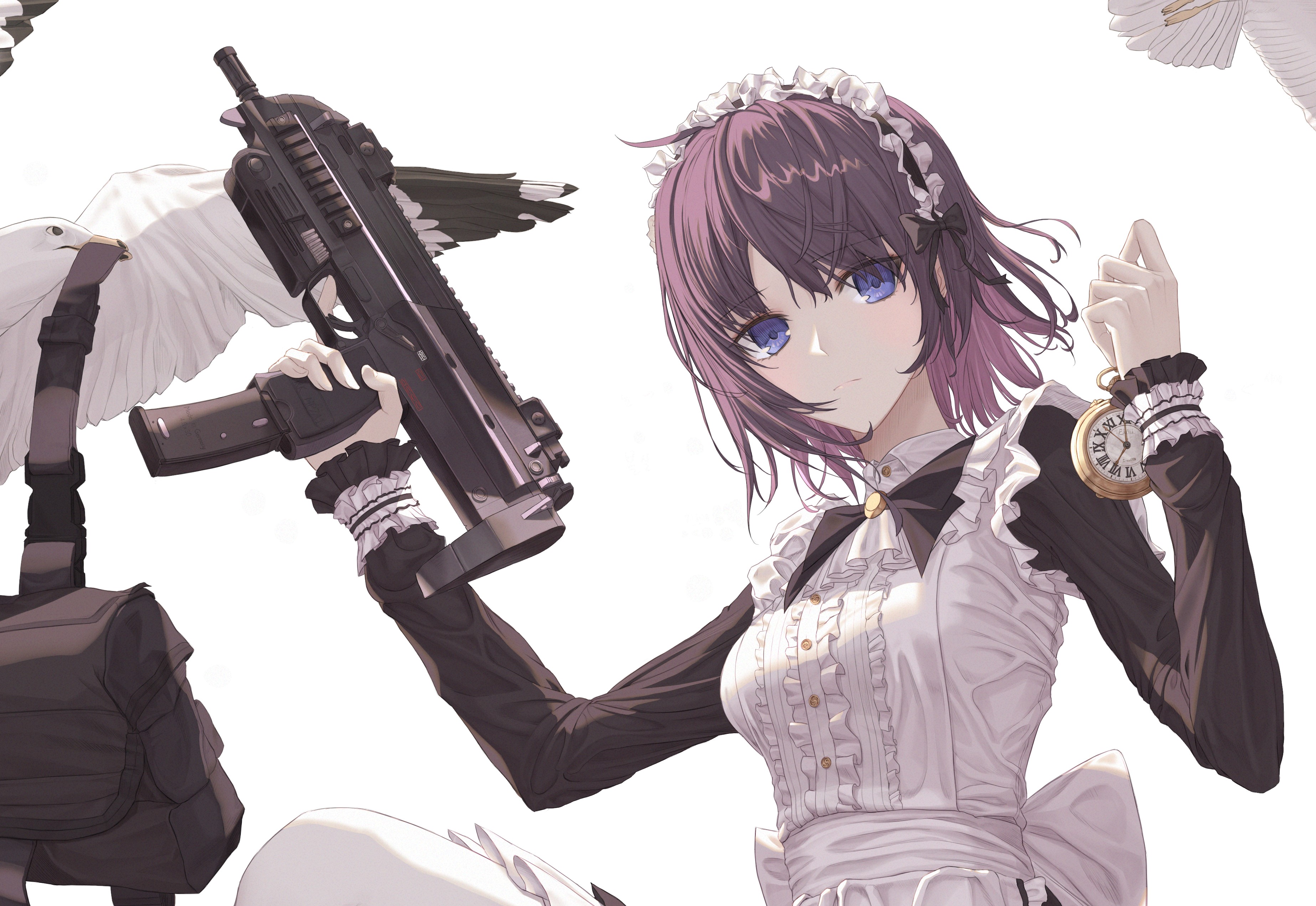 gun, maid, short hair, weapon, purple hair, aqua eyes, HD Wallpaper