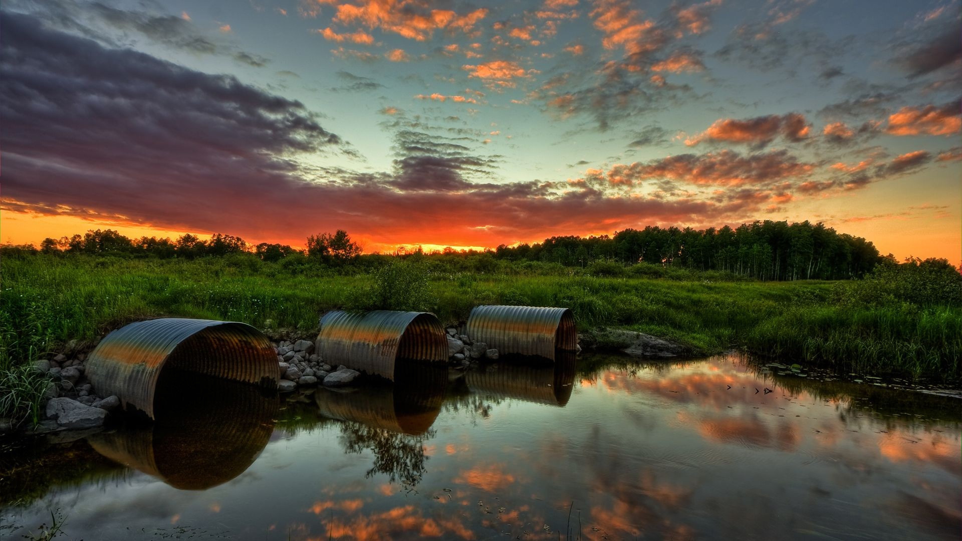 nature, grass, water, sunset, clouds, pipes, upscaled, HD Wallpaper