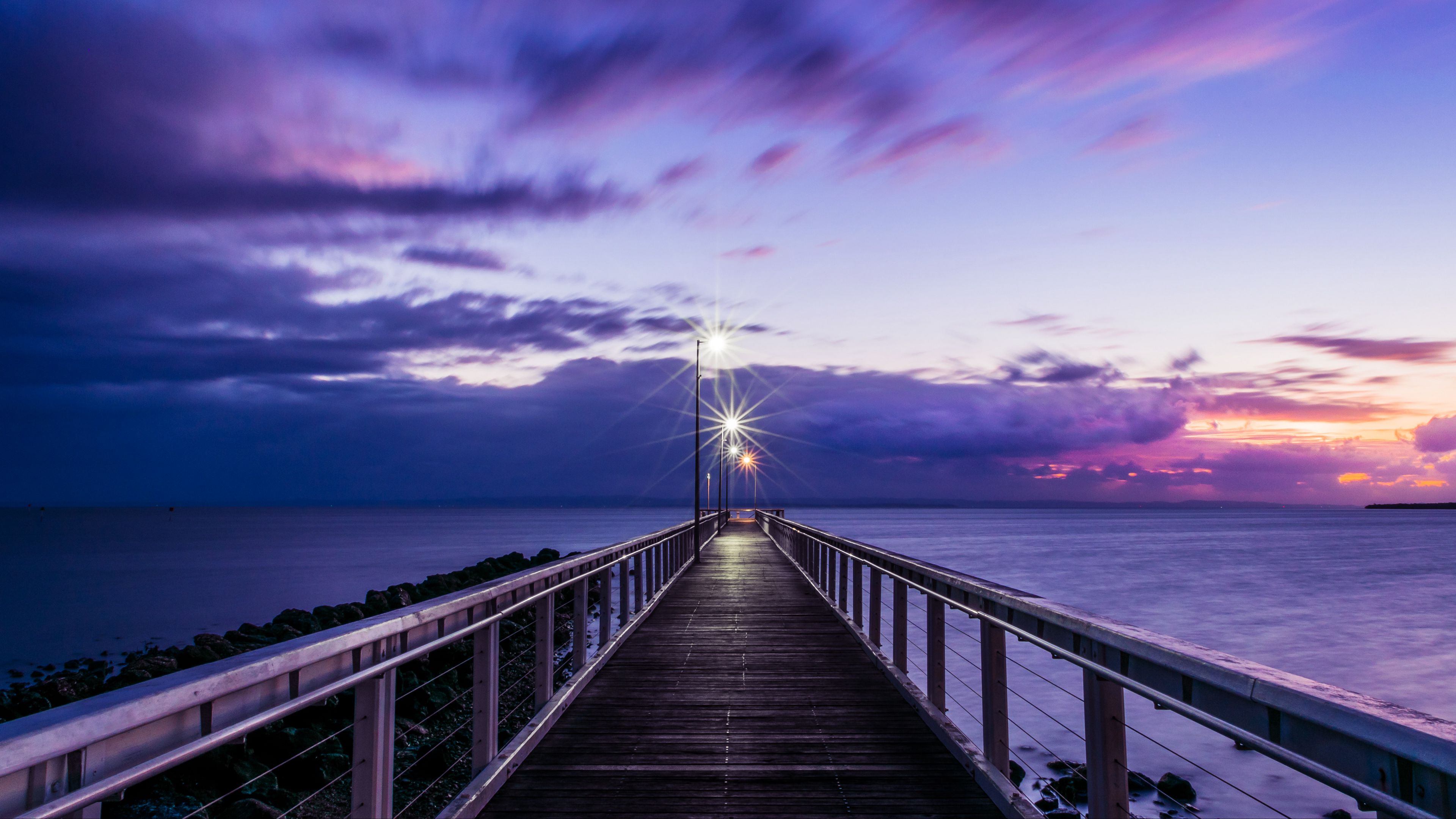 pier, sunset, horizon, sea, lilac, clouds, 4k, HD Wallpaper