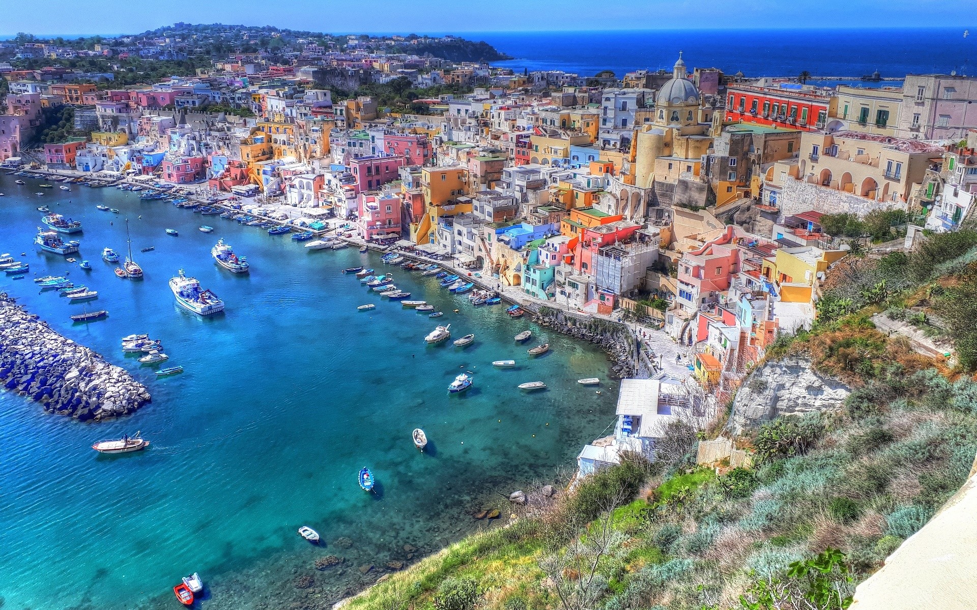 town, Italy, colorful, blue, Campania, Procida, HD Wallpaper