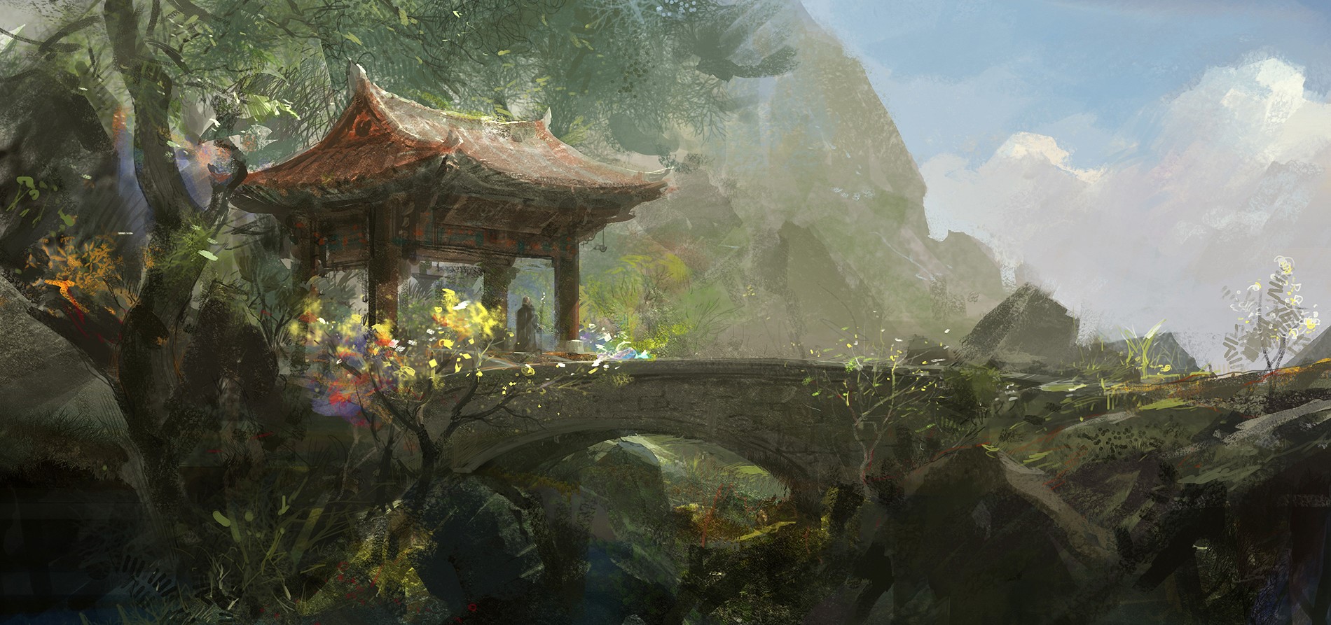 artwork, fantasy art, architecture, Asian architecture, bridge, HD Wallpaper